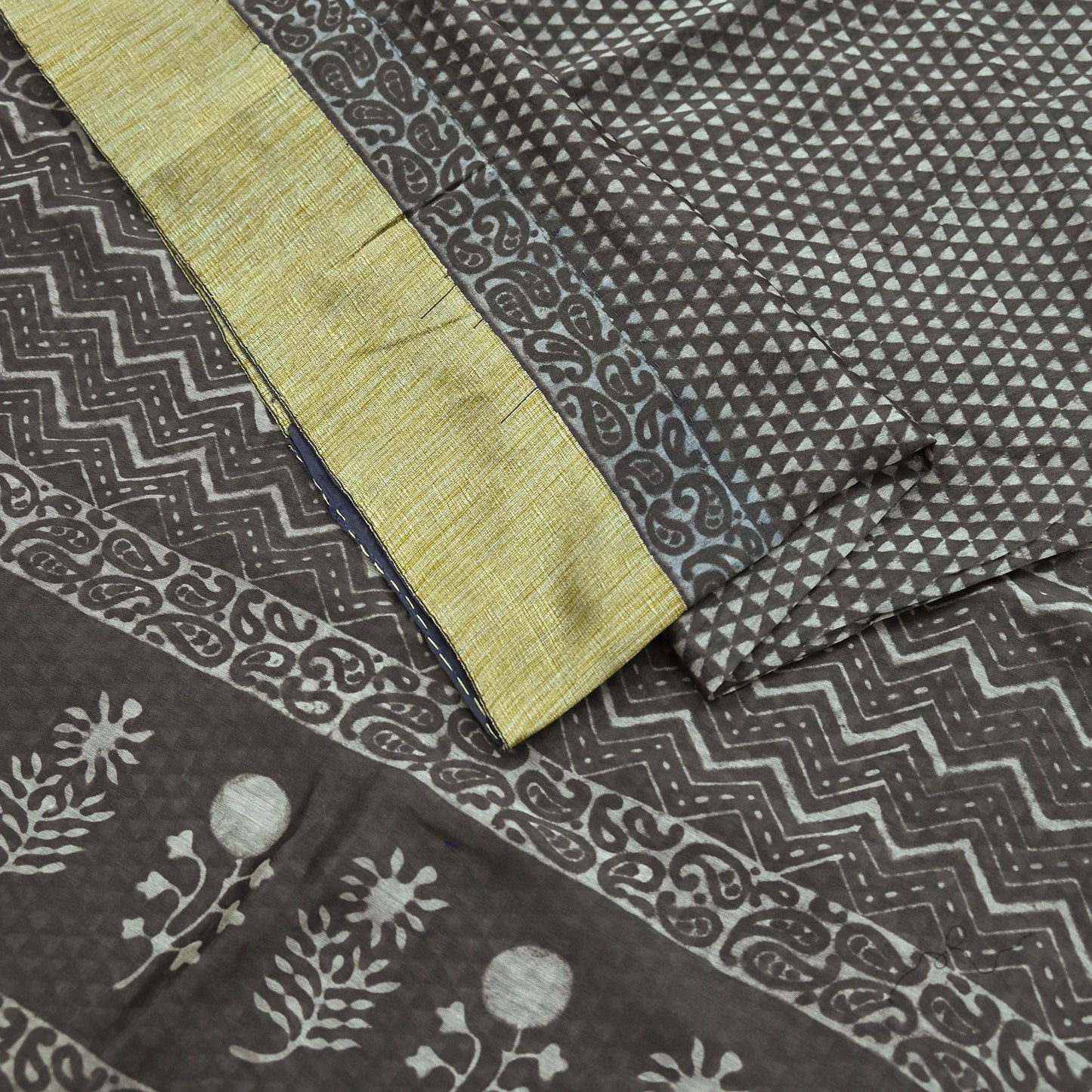 Indian Vintage Sari Brown Pure chanderi Silk Bagru Printed Sarees Craft Fabric 5Yd Floral Soft Zari Border Ethnic Dress making