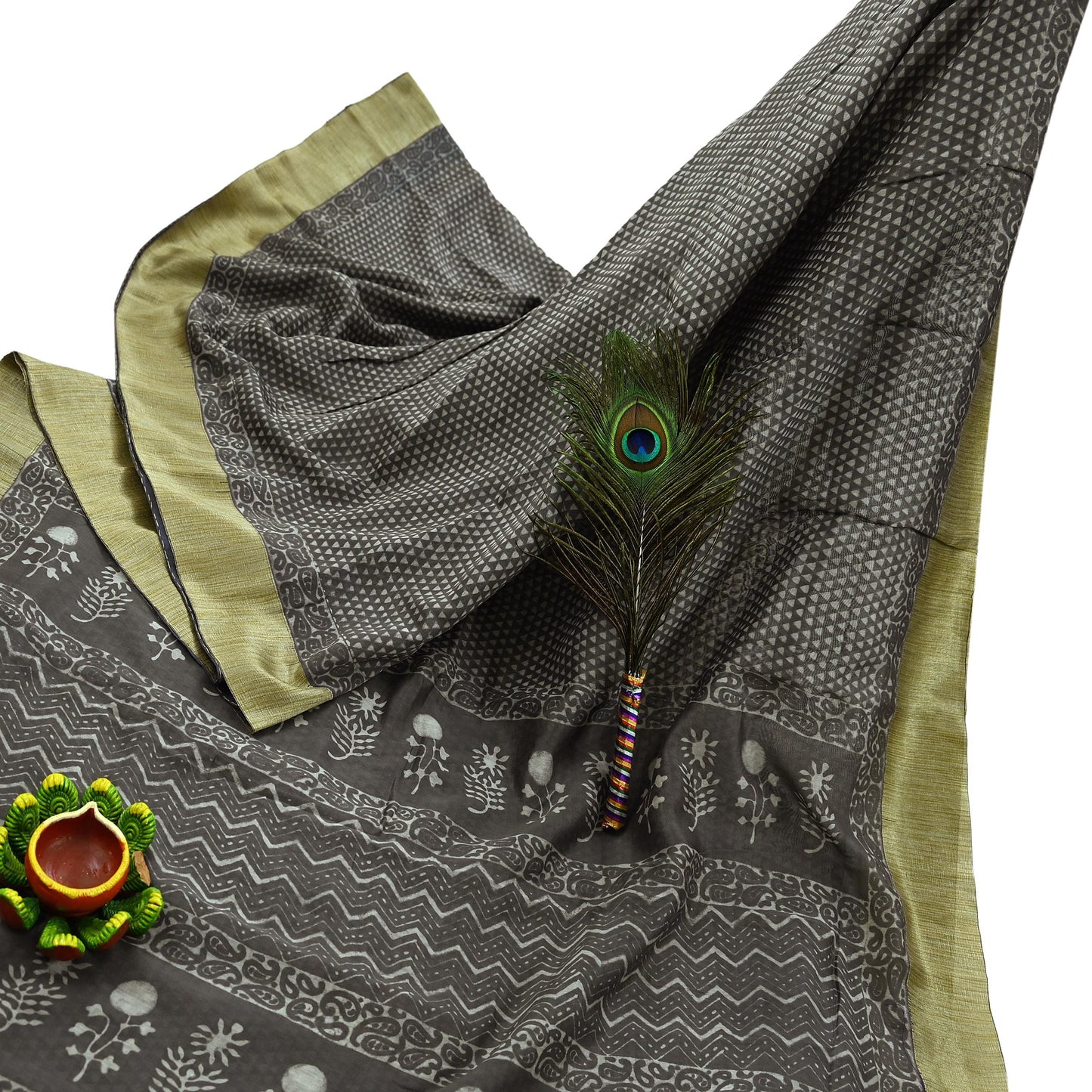 Indian Vintage Sari Brown Pure chanderi Silk Bagru Printed Sarees Craft Fabric 5Yd Floral Soft Zari Border Ethnic Dress making