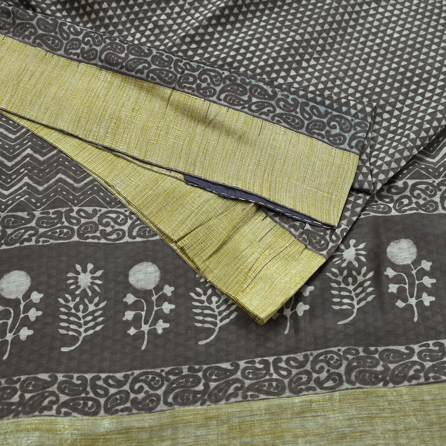 Indian Vintage Sari Brown Pure chanderi Silk Bagru Printed Sarees Craft Fabric 5Yd Floral Soft Zari Border Ethnic Dress making