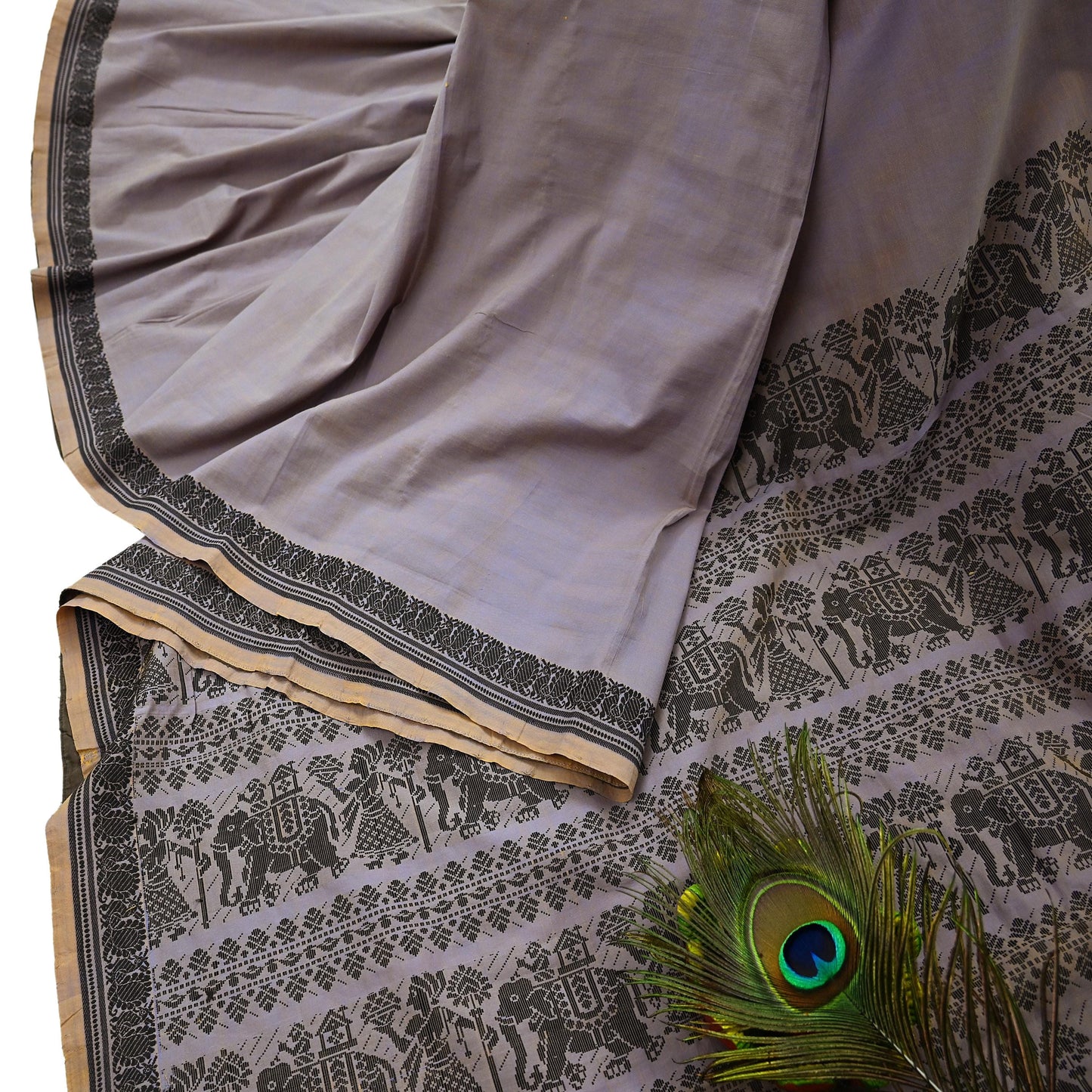 Indian Vintage Sari Purple & Saffron Pure Cotton Hand Woven Baluchari Saree Craft Fabric 5yd Ethnic Humans Fringes Crafting Upcycle Quilting