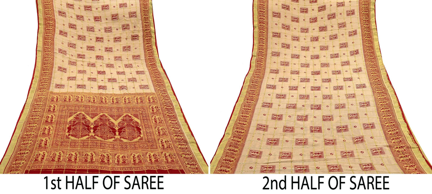 Indian Vintage Red & Beige Saree Printed 100% Pure Cotton Sari Craft Fabric 5Yd Soft Sewing Sarong Wrap Dress Making Quilting Crafting Zari