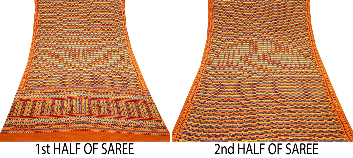 Indian Vintage Sari Orange Pure Crepe Silk Printed Saree 5yd Sewing Floral Soft Craft Fabric Wrap Dress making Quilting Crafting Upcycle