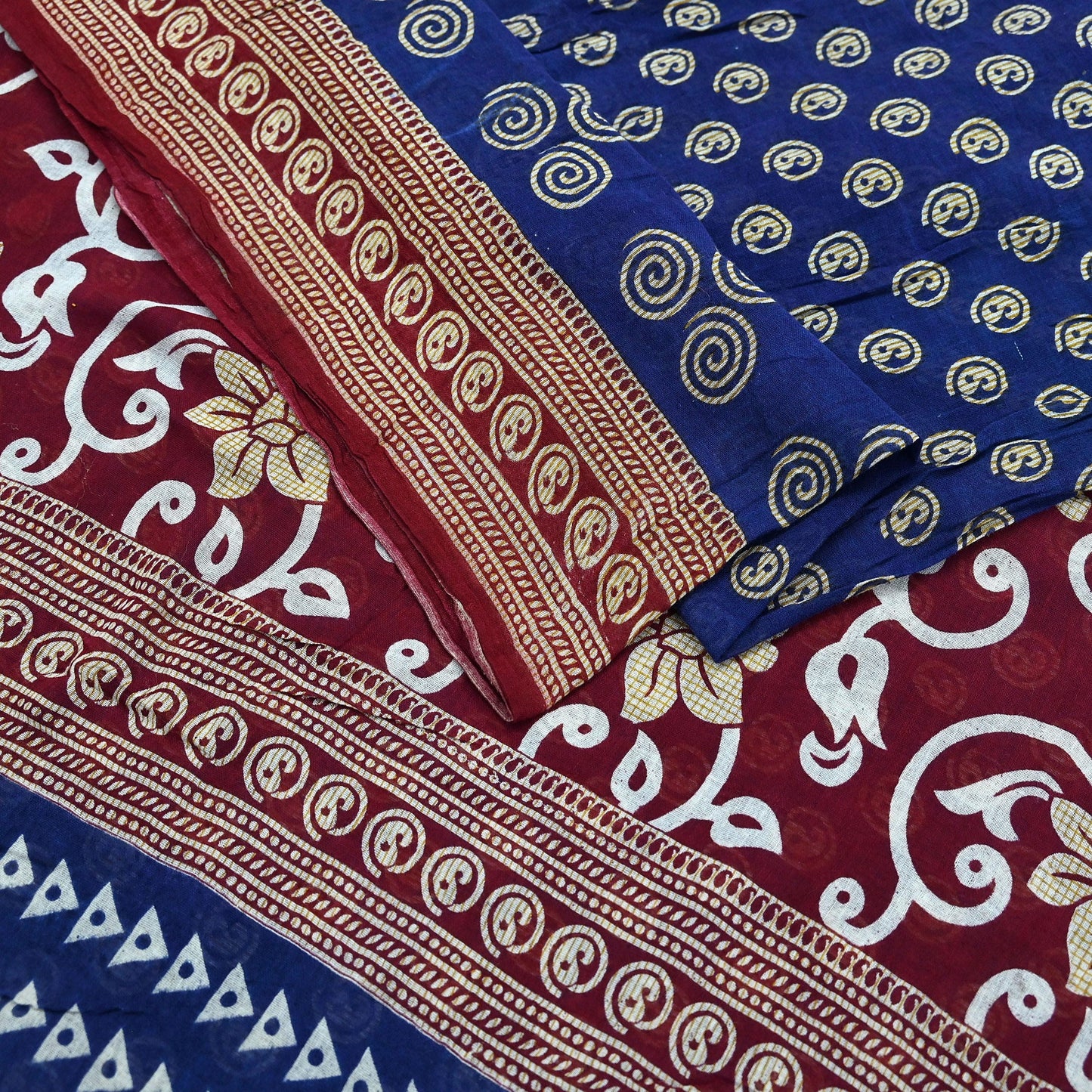 Indian Vintage Sari Maroon & Blue Printed Sarees Pure Cotton Craft Fabric Soft 5Yd Sewing Sarong Wrap Boho Floral Dress making Quilting