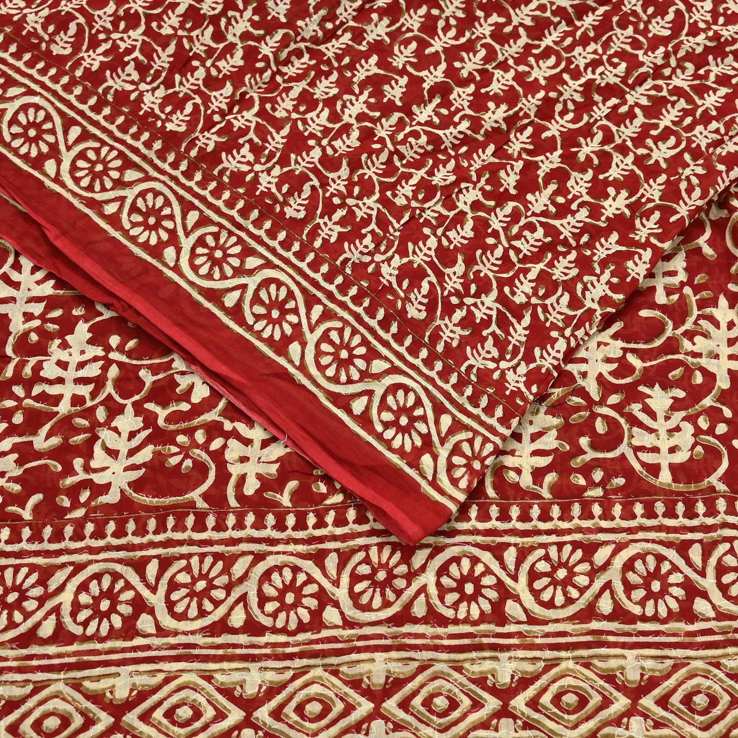 Indian Vintage Red Saree Block Printed Pure Cotton Sari Craft Fabric Soft 5Yd Sewing Sarong Wrap Boho Quilting Crafting Upcycle Dress making