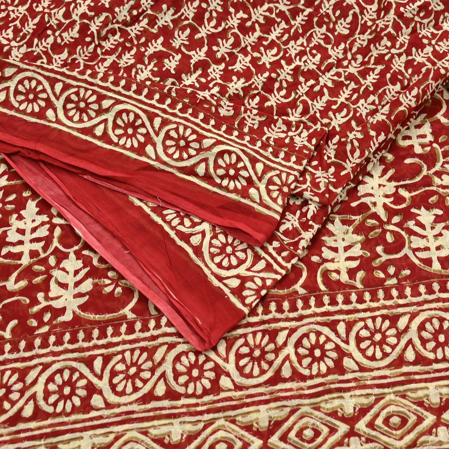 Indian Vintage Red Saree Block Printed Pure Cotton Sari Craft Fabric Soft 5Yd Sewing Sarong Wrap Boho Quilting Crafting Upcycle Dress making