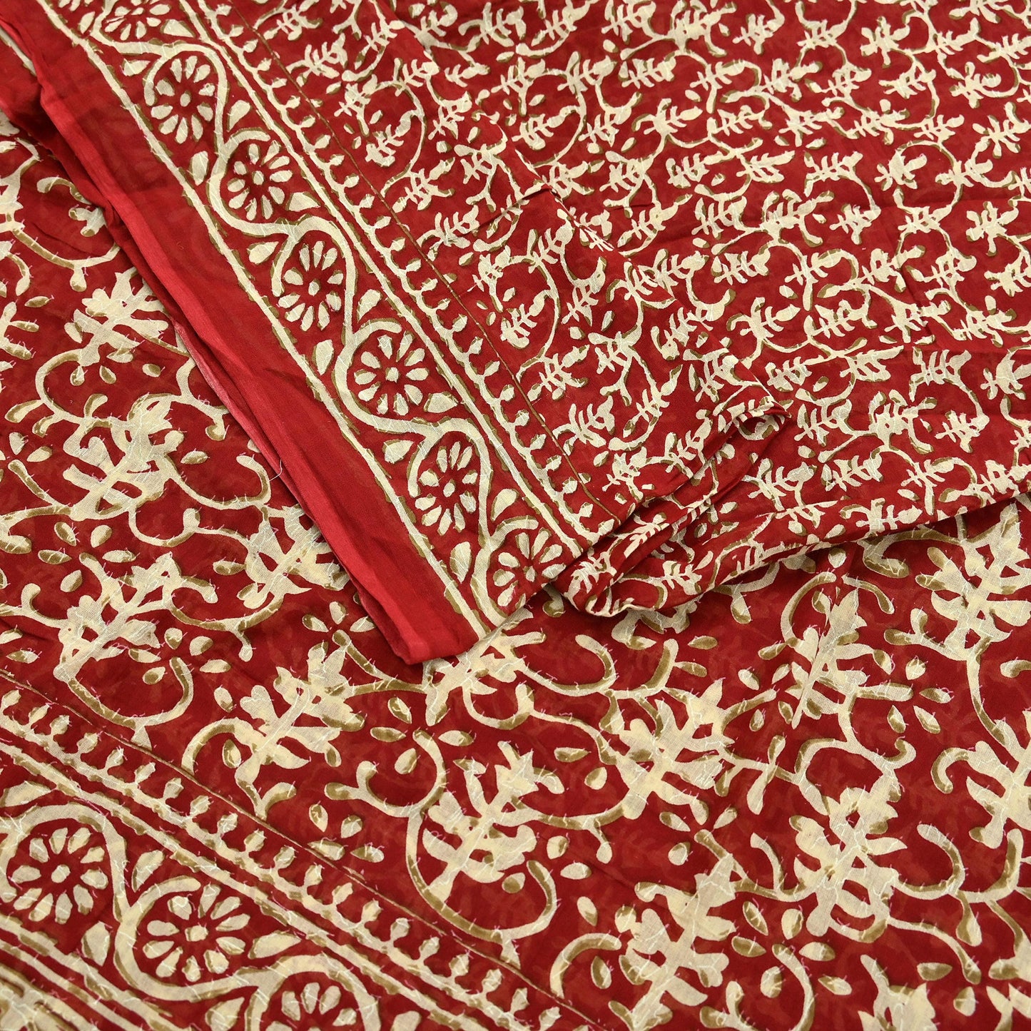 Indian Vintage Red Saree Block Printed Pure Cotton Sari Craft Fabric Soft 5Yd Sewing Sarong Wrap Boho Quilting Crafting Upcycle Dress making