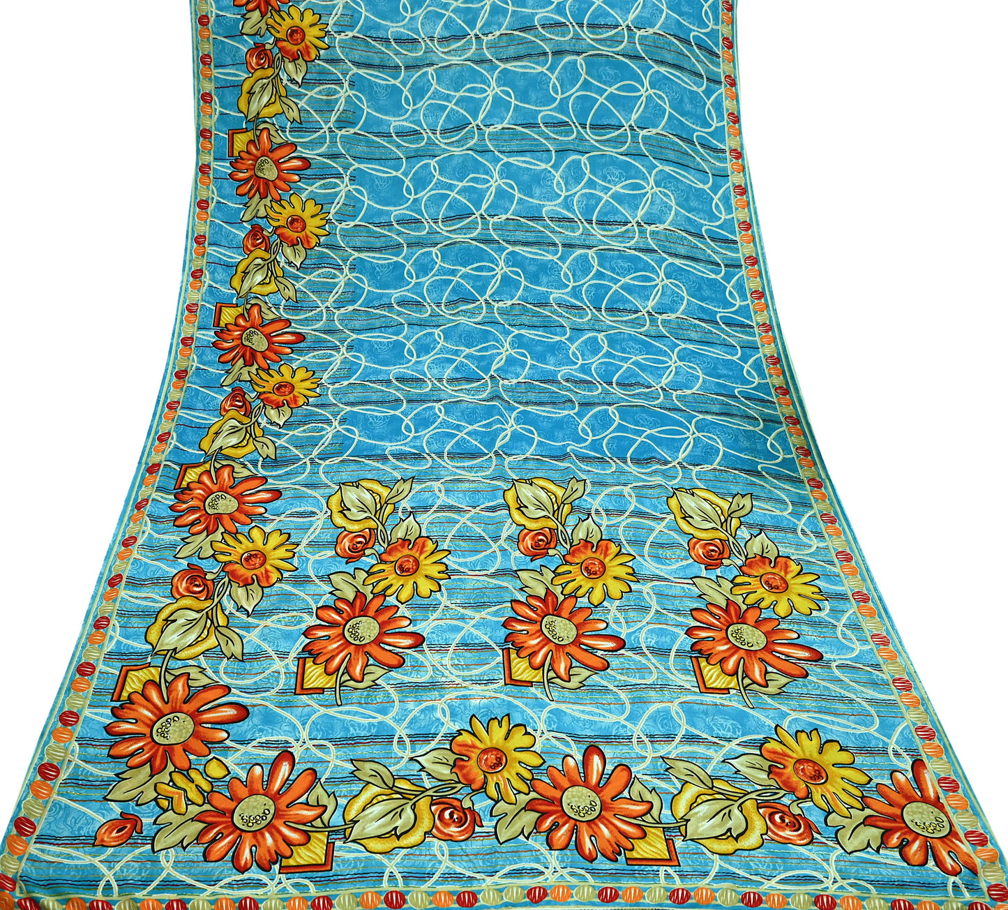 Indian Vintage Blue Saree Moss Crepe Printed Sari 5yd Sewing Floral Soft Craft Fabric Dressmaking For Crafting Quilting Upcycle Boho
