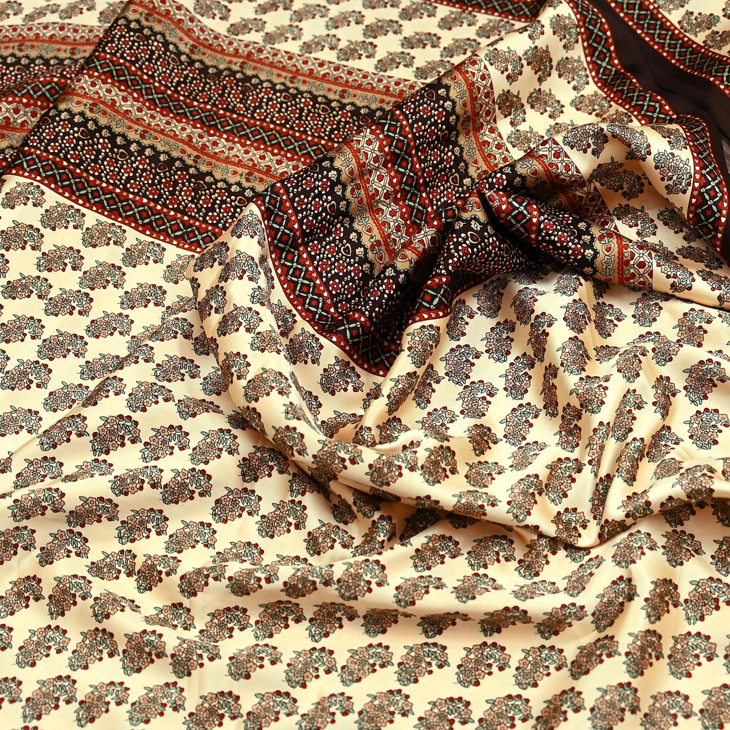 Indian Vintage Saree Beige Satin Printed Sari 5yd Sewing Floral Soft Craft Fabric Dressmaking For Crafting Quilting Upcycle