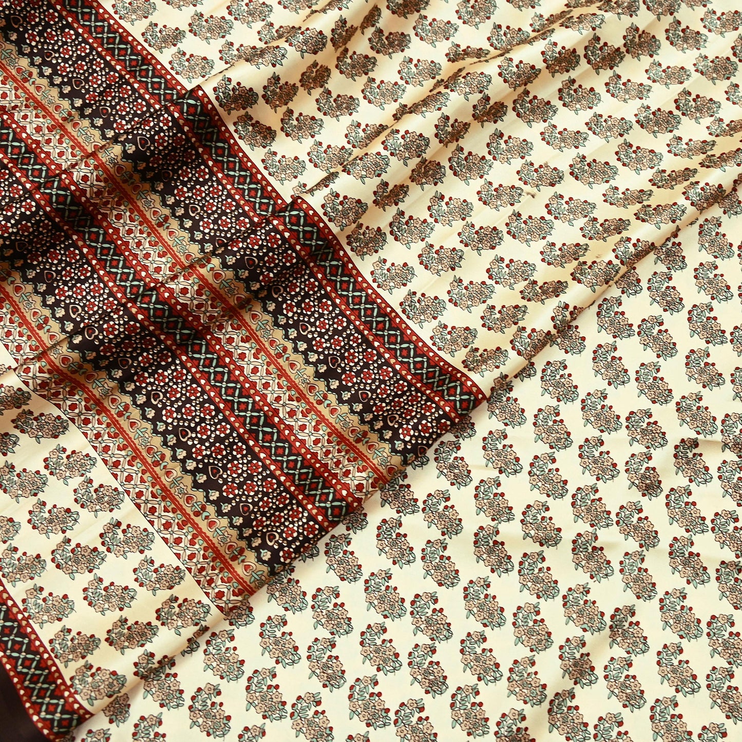 Indian Vintage Saree Beige Satin Printed Sari 5yd Sewing Floral Soft Craft Fabric Dressmaking For Crafting Quilting Upcycle