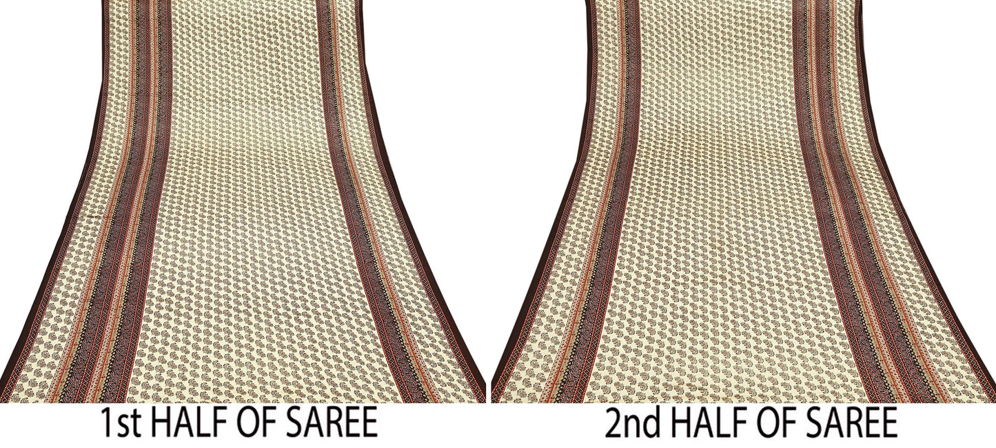 Indian Vintage Saree Beige Satin Printed Sari 5yd Sewing Floral Soft Craft Fabric Dressmaking For Crafting Quilting Upcycle