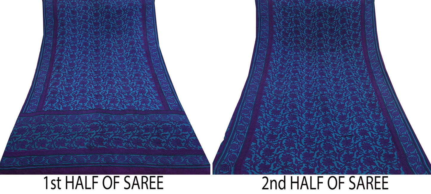 Indian Vintage Blue & Purple Saree Pure Crepe Silk Printed Sari 6yd Sewing Soft Craft Fabric Wrap Dress making Crafting Quilting Upcycle