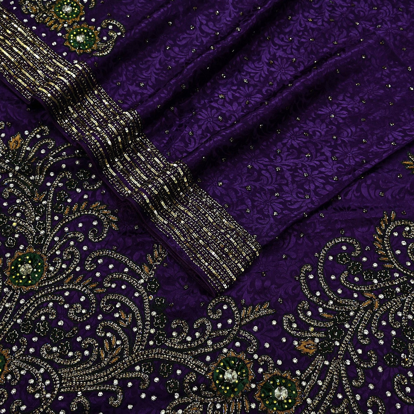 Indian Vintage Heavy Sari Purple Pure Crepe Silk Hand Embroidered Sarees Craft Fabric 6Yd Sewing Zardozi Dress making With Blouse Pcs