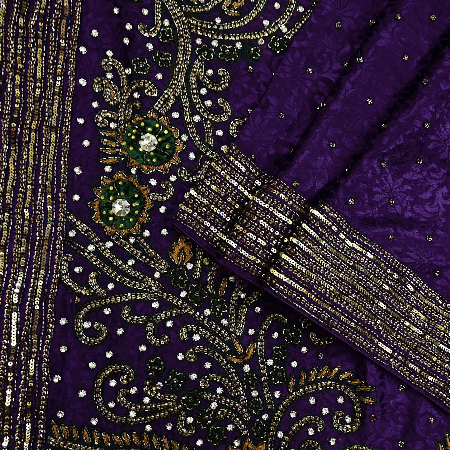 Indian Vintage Heavy Sari Purple Pure Crepe Silk Hand Embroidered Sarees Craft Fabric 6Yd Sewing Zardozi Dress making With Blouse Pcs