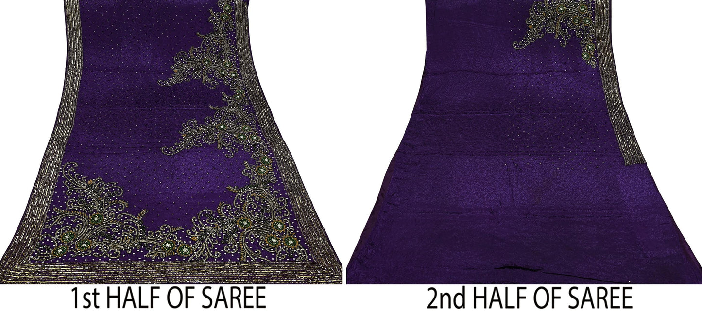Indian Vintage Heavy Sari Purple Pure Crepe Silk Hand Embroidered Sarees Craft Fabric 6Yd Sewing Zardozi Dress making With Blouse Pcs