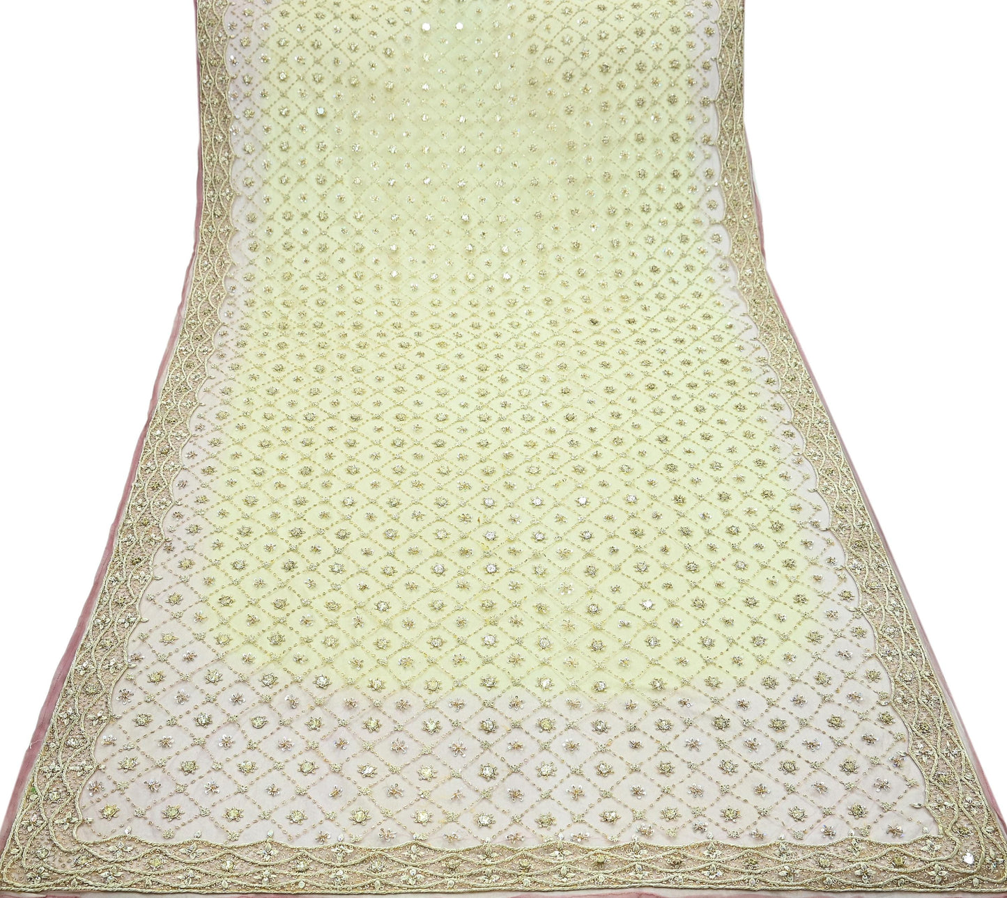 Indian Vintage Heavy Pink & Yellow Dupatta Net Mesh Long Stole Hand Embroidered Scarves Golden Zardozi Dabka Zari Sequins