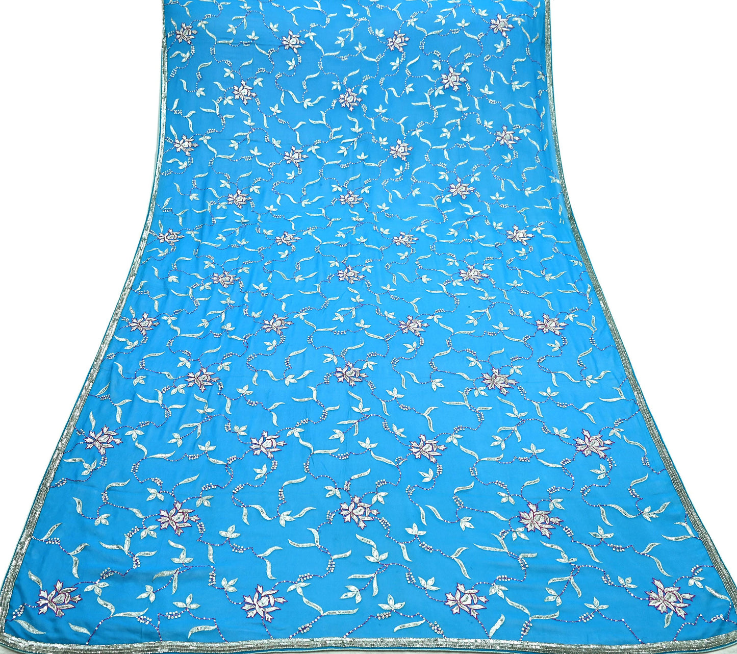 Indian Vintage Heavy Blue Dupatta Pure Georgette Silk Long Stole Hand Embroidered Scarf Zardozi, Zari Scarves Wrap Hijab Veil