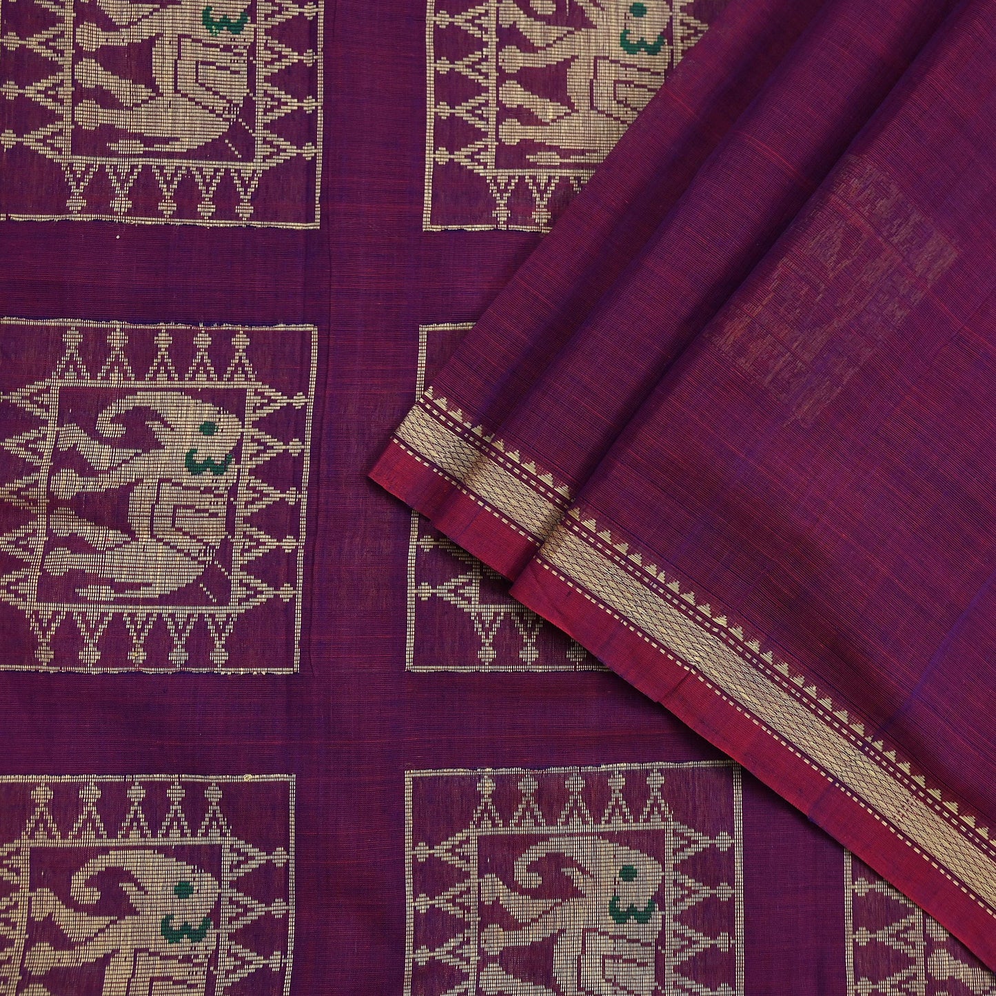 Indian Vintage Sari Purple Pure Cotton Hand Woven Sarees Craft Fabric 5yd Ethnic Crafting Quilting Dress Making Quilting Upcycle Elephants