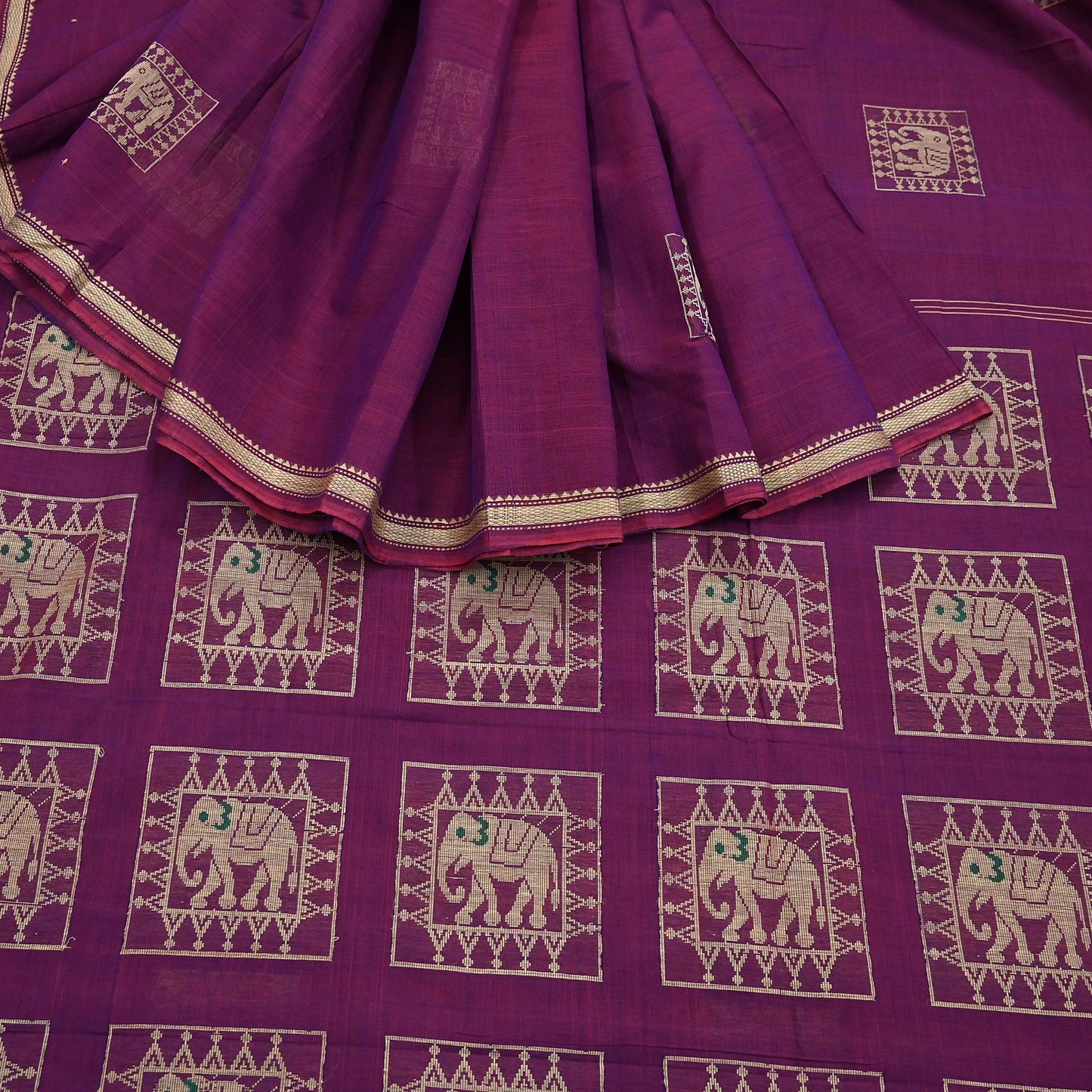 Indian Vintage Sari Purple Pure Cotton Hand Woven Sarees Craft Fabric 5yd Ethnic Crafting Quilting Dress Making Quilting Upcycle Elephants