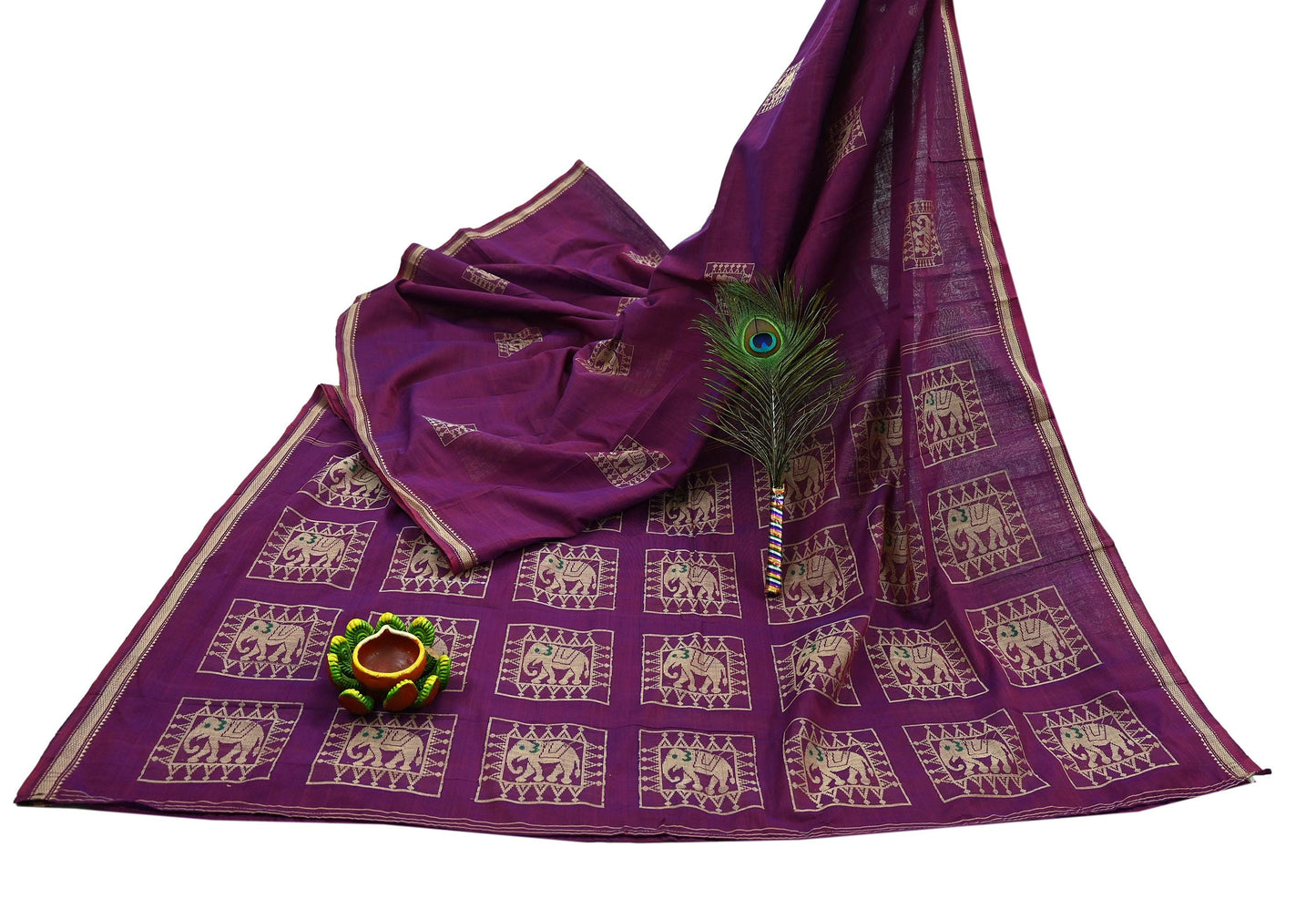 Indian Vintage Sari Purple Pure Cotton Hand Woven Sarees Craft Fabric 5yd Ethnic Crafting Quilting Dress Making Quilting Upcycle Elephants