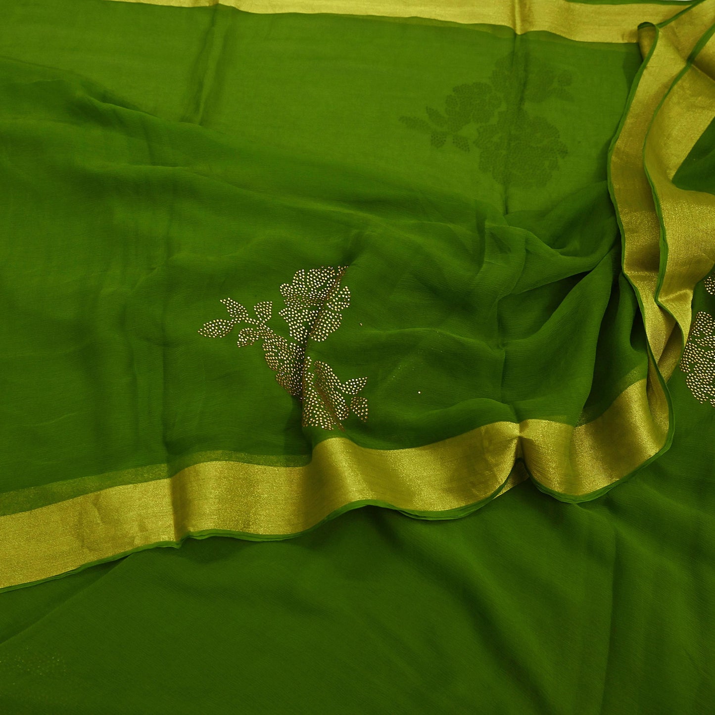 Indian Vintage Sari Green Blend Chiffon Woven Sarees Sari 5Yd Craft Fabric Dress Making Sewing Crafting Zari Border