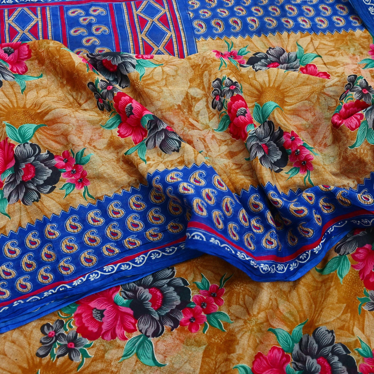 Indian Vintage Saffron & Blue Saree Printed Pure Cotton Sari Craft Fabric 5Yd Sewing Soft Sarong Wrap Boho Floral Quilting Crafting
