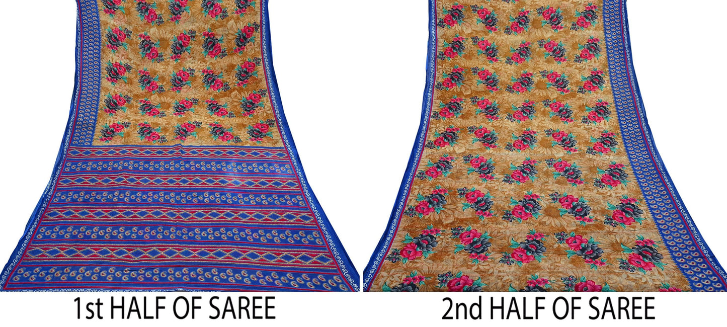 Indian Vintage Saffron & Blue Saree Printed Pure Cotton Sari Craft Fabric 5Yd Sewing Soft Sarong Wrap Boho Floral Quilting Crafting