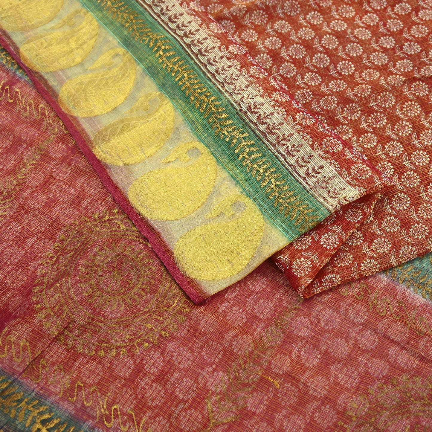 Indian Vintage Sari Red Pure chanderi Silk Hand Woven/ Painted Sarees Craft Fabric 5Yd Floral Soft Golden Zari Bollywood Sarees Crafting