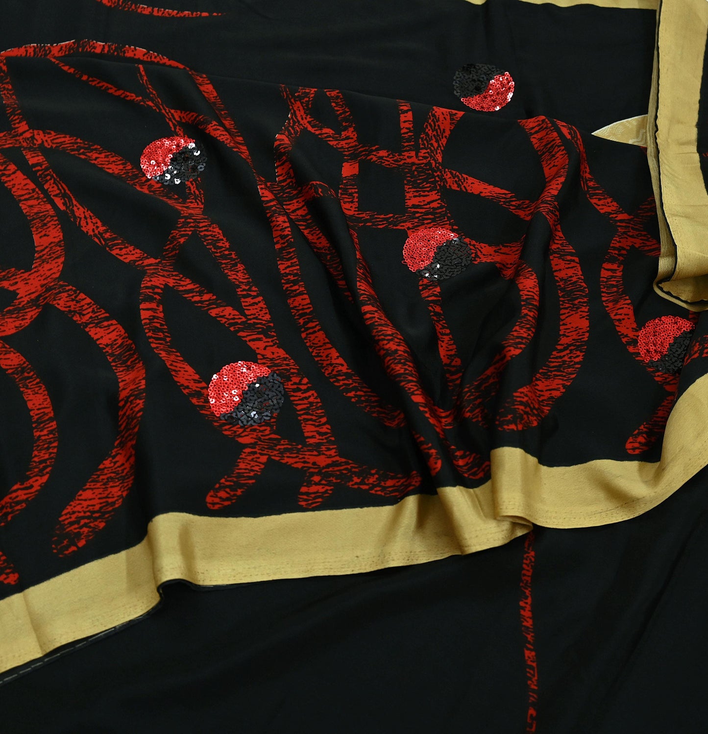 Indian Vintage Saree Red & Black Moss Crepe Embroidered Printed Sari Fabric 5yd Sewing Floral Soft Craft Fabric Dressmaking Quilting
