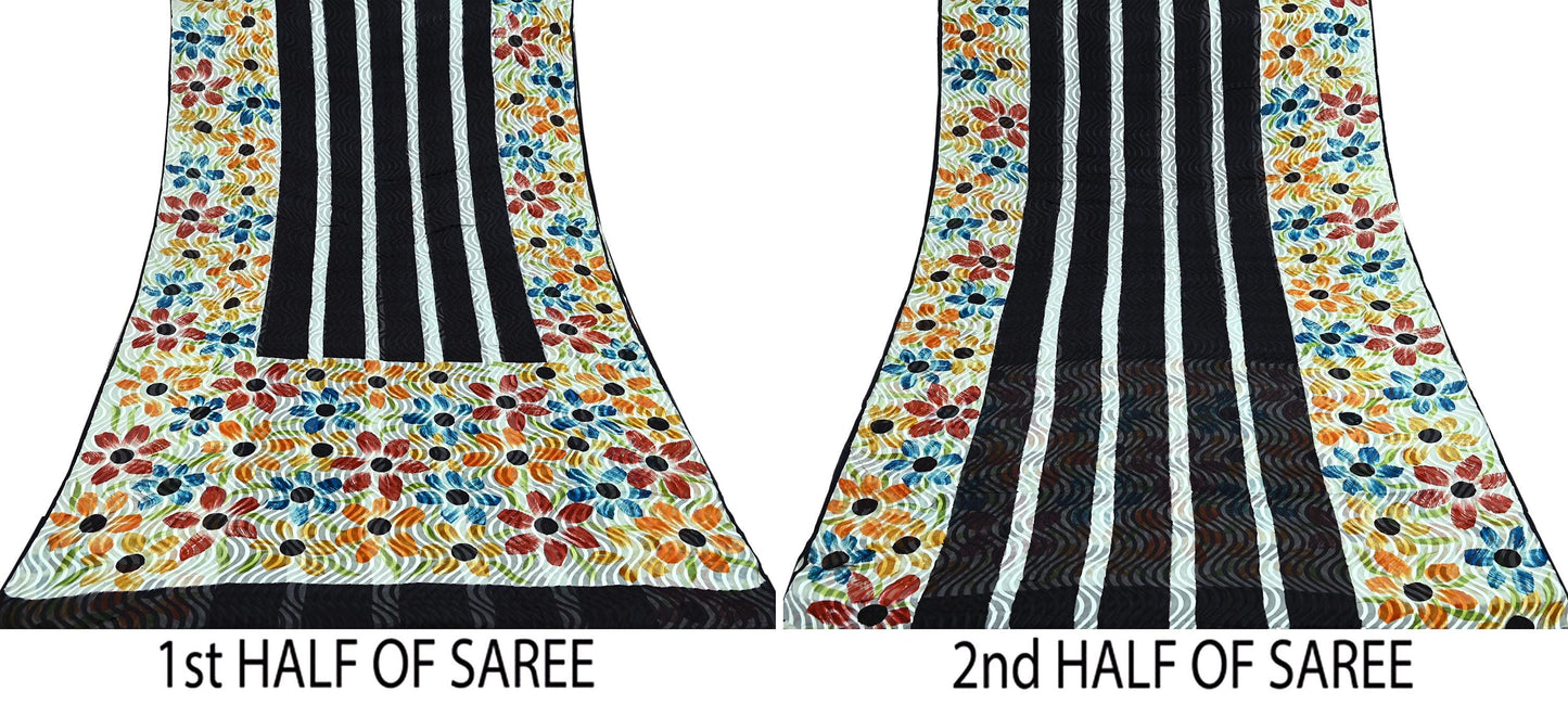 Indian Vintage Sari Black & White 100% Pure Chiffon Silk Woven Brasso Printed Sarees Sewing 5yd Craft Soft Dress Designing for Crafting