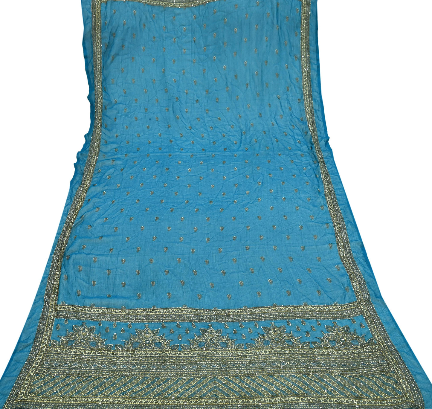 Indian Vintage Dupatta Blue Long Stole Hand Embroidered kantha stole Georgette Scarves Veil Wrap Soft Floral Sequins