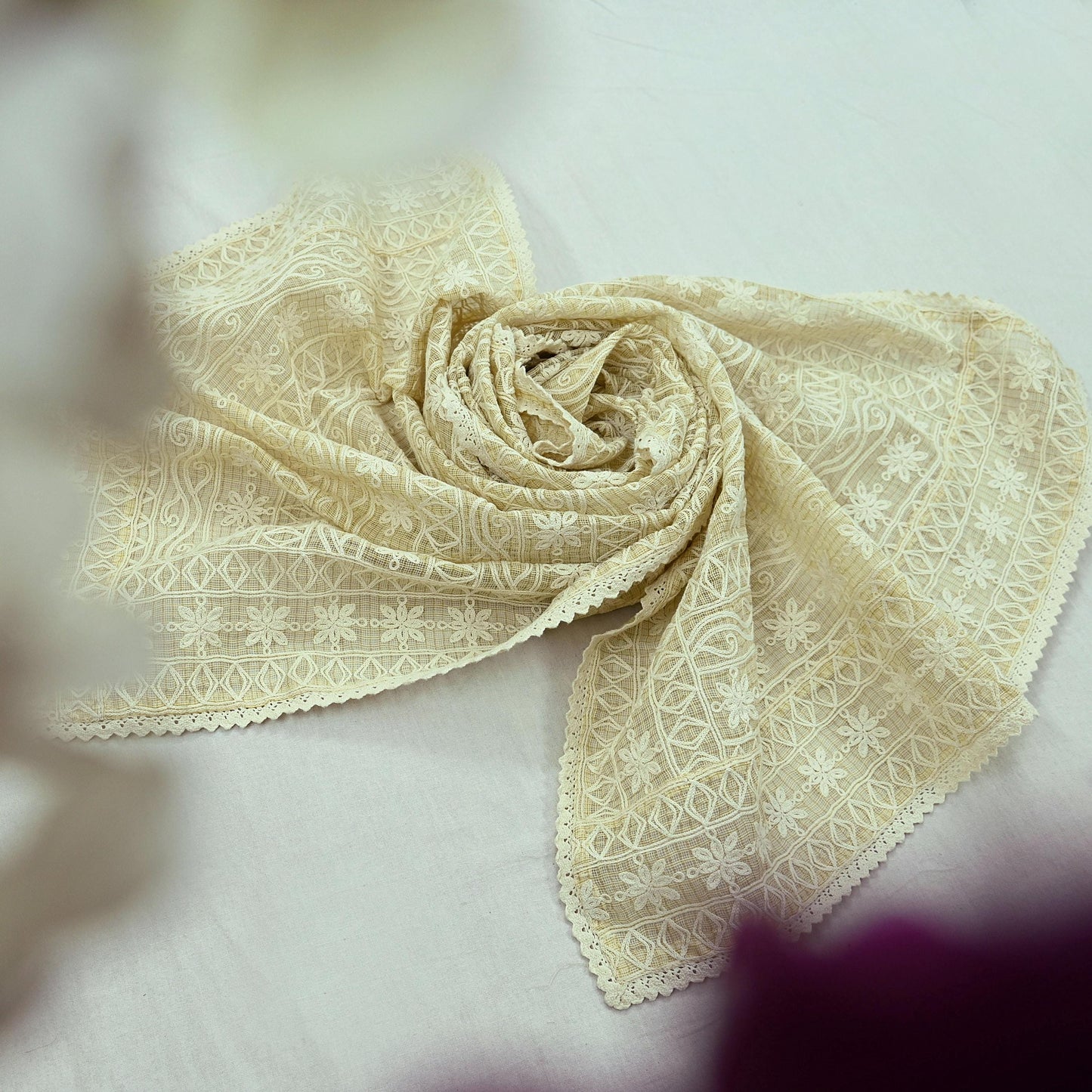 Indian Vintage Beige Dupatta Long Stole Pure Cotton Hand Embroidered Scarves Veil Scarf Wrap