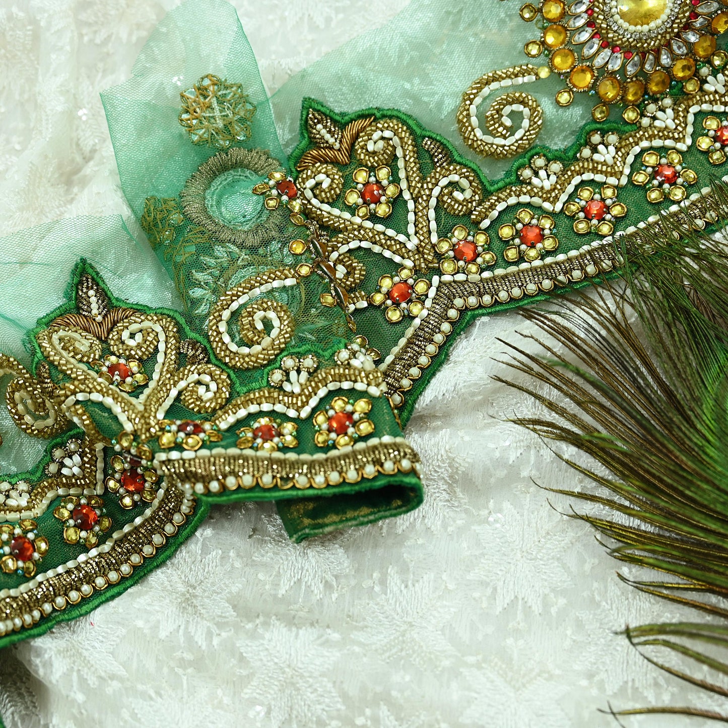 Indian Vintage Green Sari Border Hand Embroidered 1yd Craft Trim Lace Sewing Net/Mess Ribbon Recycled Sari Border Zardozi/ Dabka Zari