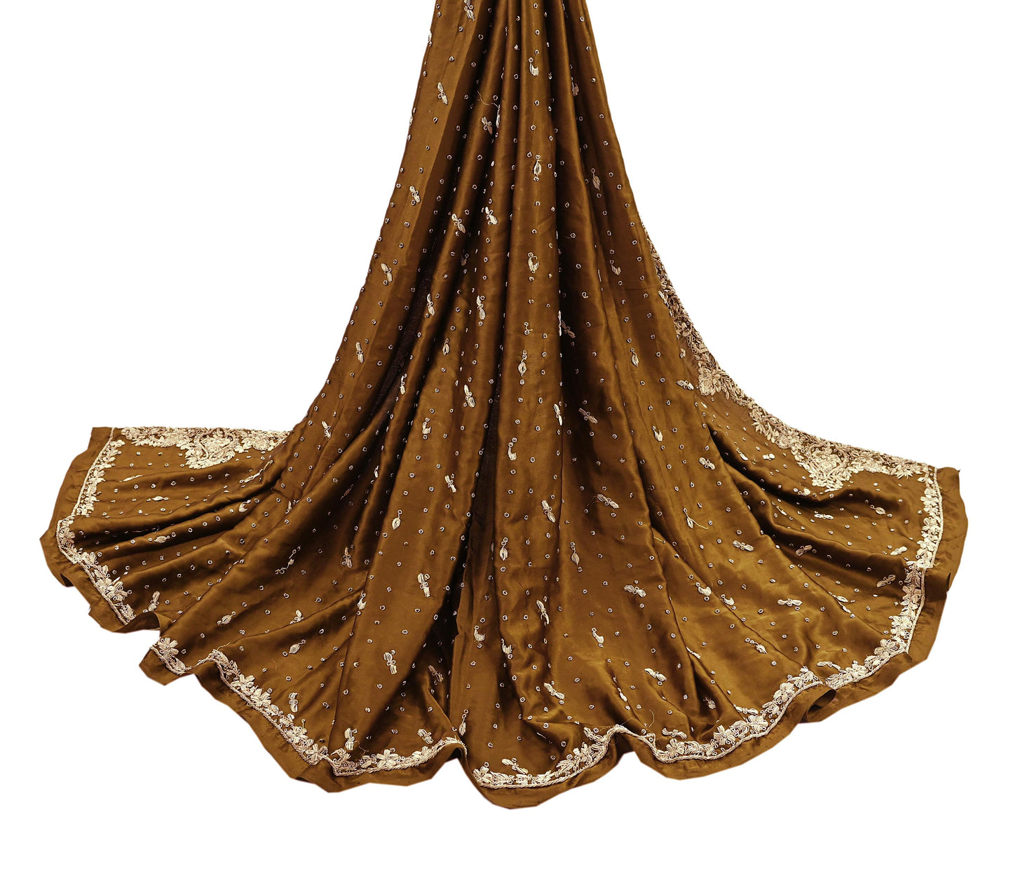 Indian Vintage Heavy Wedding Green Dupatta Pure Satin Silk Long Stole Hand Embroidered Scarves Golden Zardozi Veil