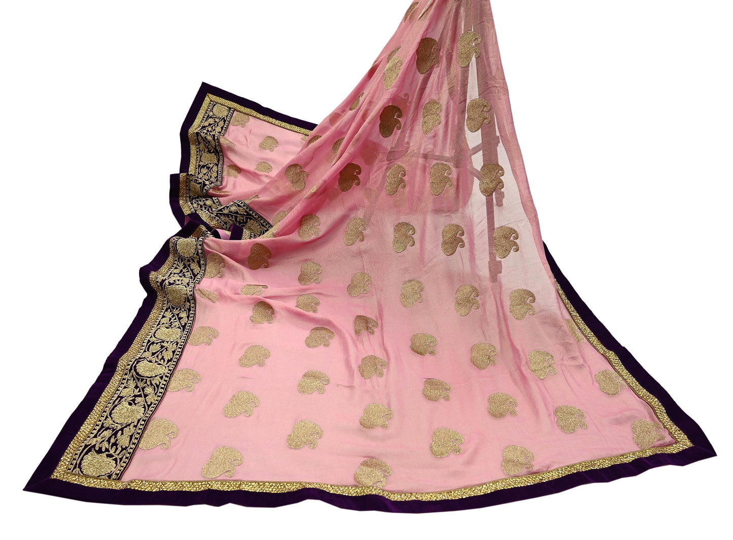 Indian Vintage Heavy Pink Dupatta Pure Georgette Silk Long Stole Hand Embroidered Scarf Zari Zardozi Bridal/ Wedding Veil Hijab