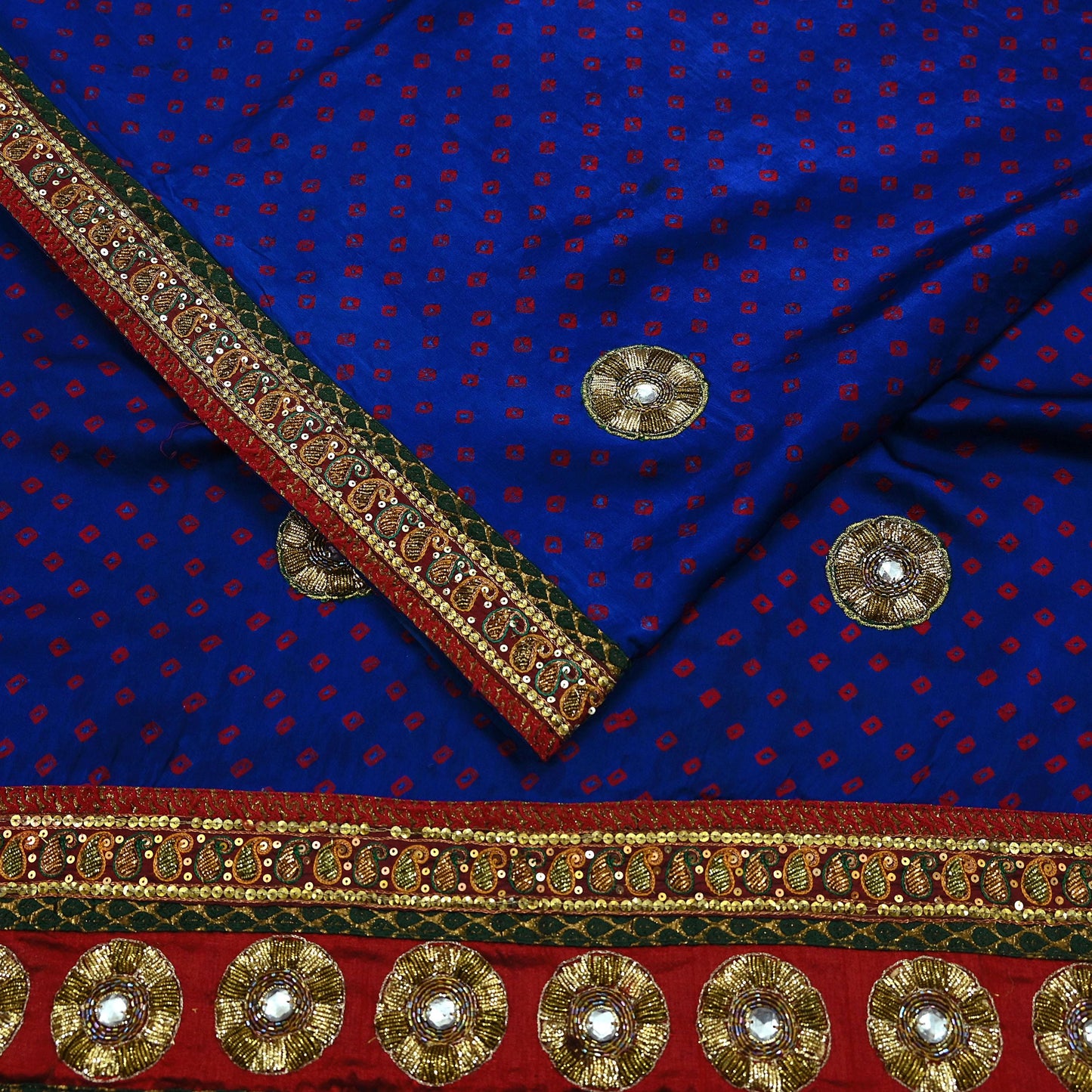 Indian Vintage Blue Saree Hand Embroidered Bandhani Printed Sari 100% Pure Satin Silk Indian Sari Fabric 5yard Soft Craft Fabric Beaded