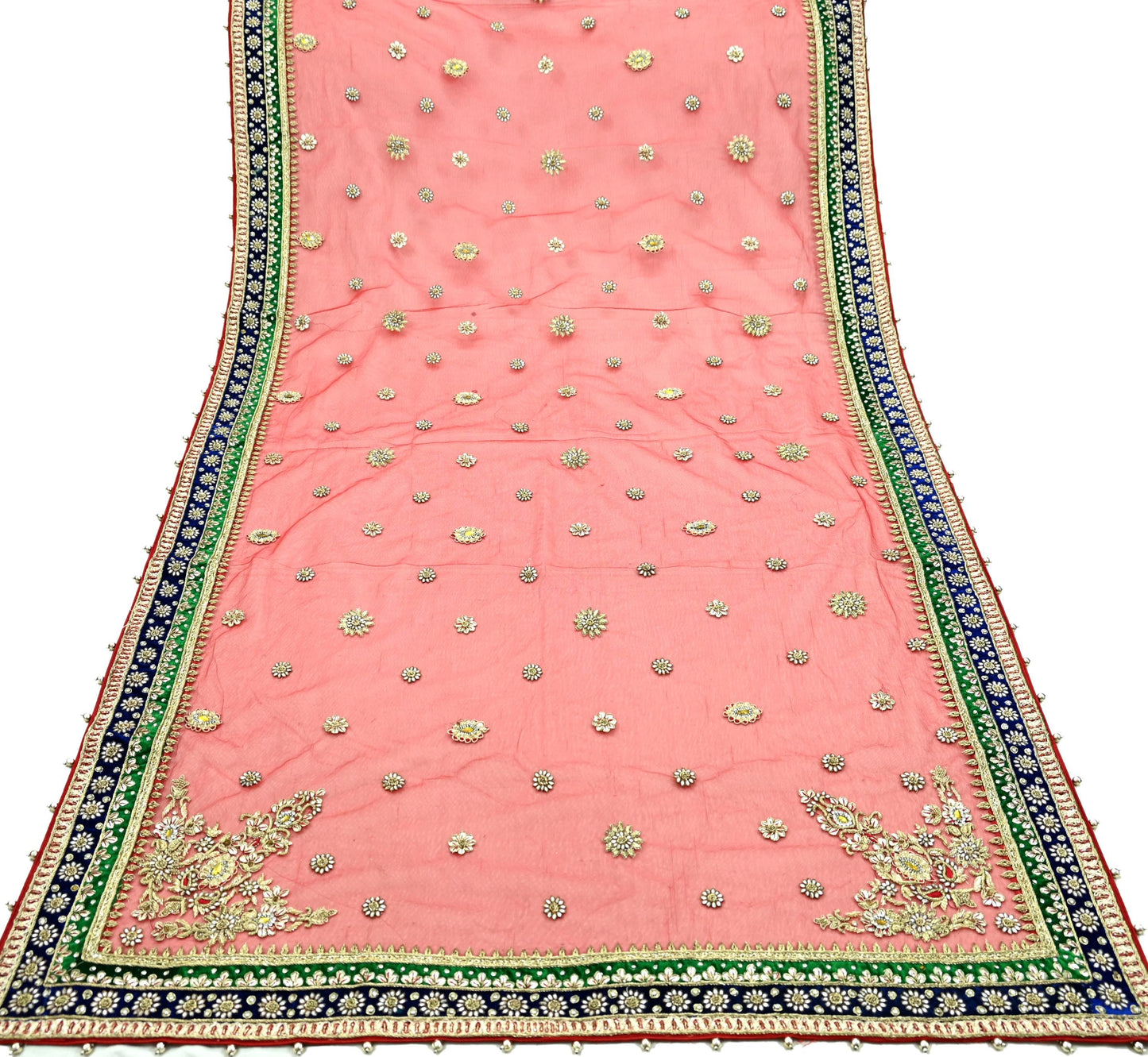 Indian Vintage Heavy Bridal Red Dupatta Net Mesh Long Stole Hand Embroidered Scarves Golden Zardozi Dabka Zari Sequins Wedding Veil Hijab