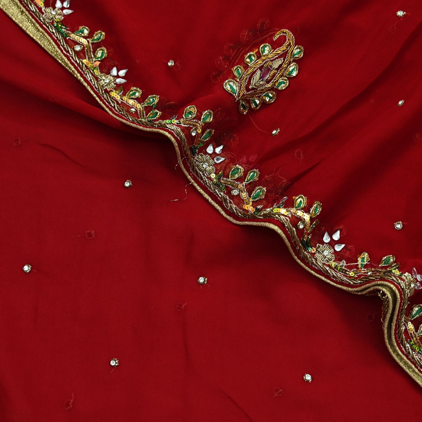 Indian Vintage Dupatta Red Long Stole Pure Georgette Silk Hand Embroidered Scarves Veil Hijab Floral Zari Dabka Zardozi