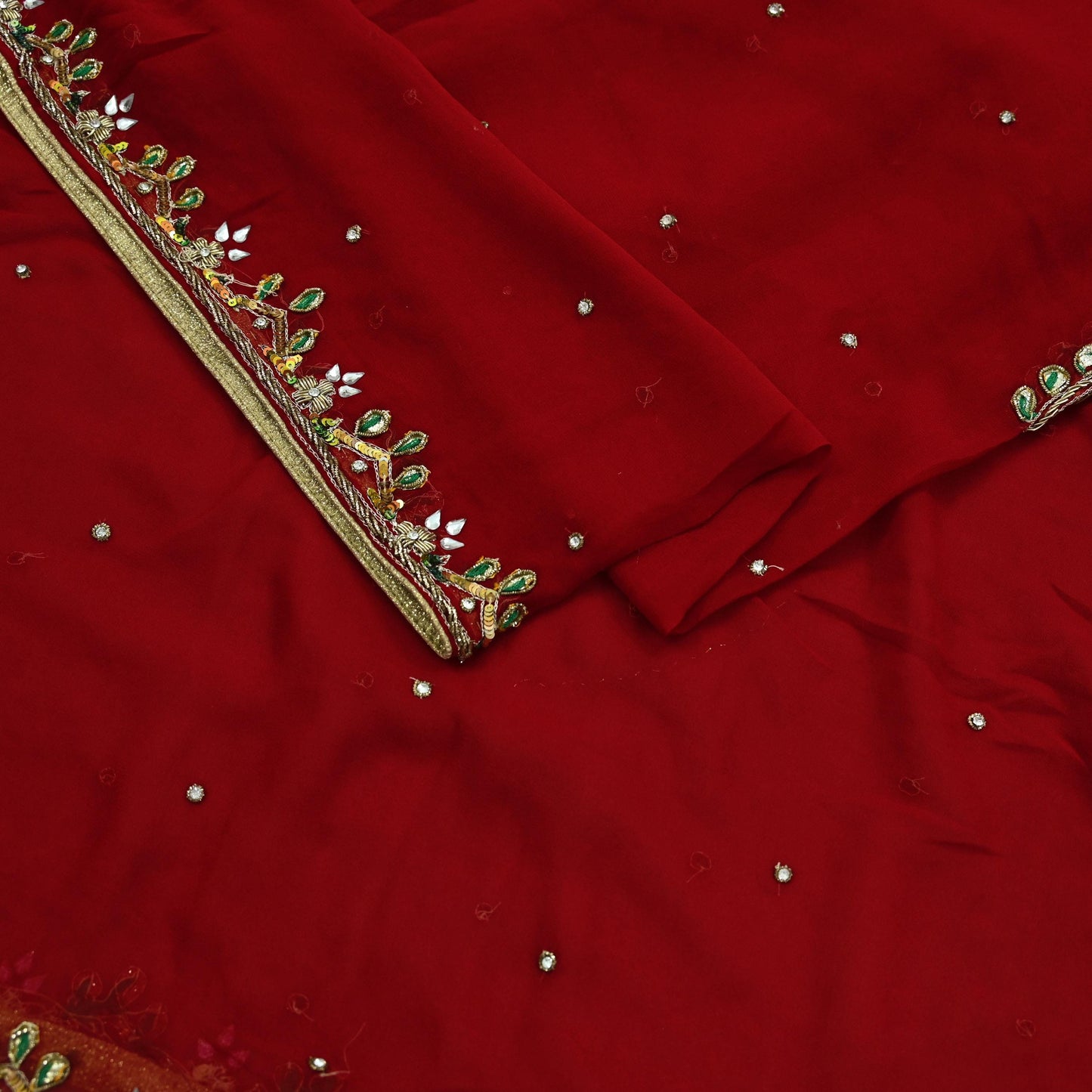 Indian Vintage Dupatta Red Long Stole Pure Georgette Silk Hand Embroidered Scarves Veil Hijab Floral Zari Dabka Zardozi