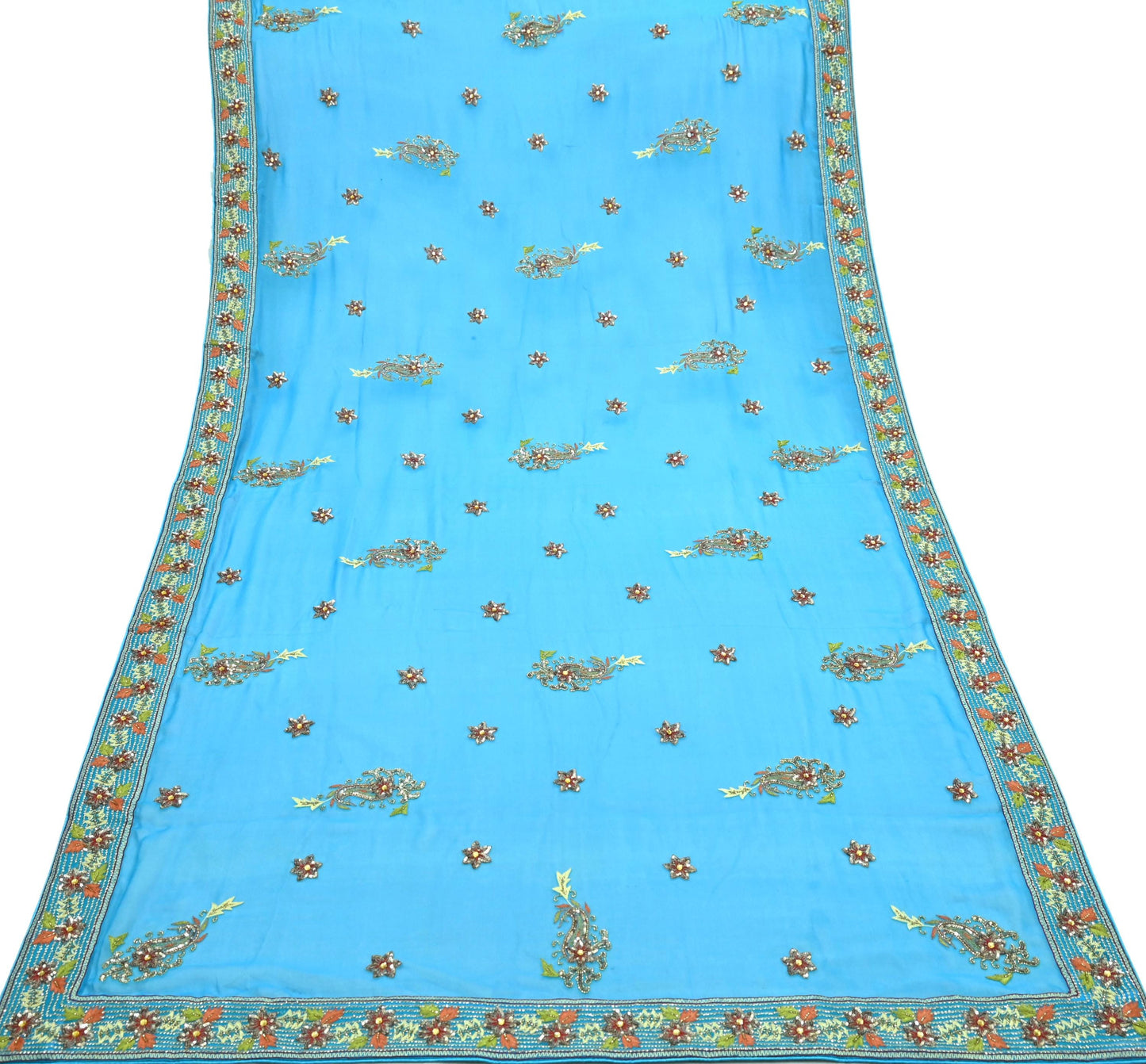 Indian Vintage Blue Dupatta Long Stole Pure Georgette Silk Hand Embroidered Scarves Veil Hijab Floral Zari