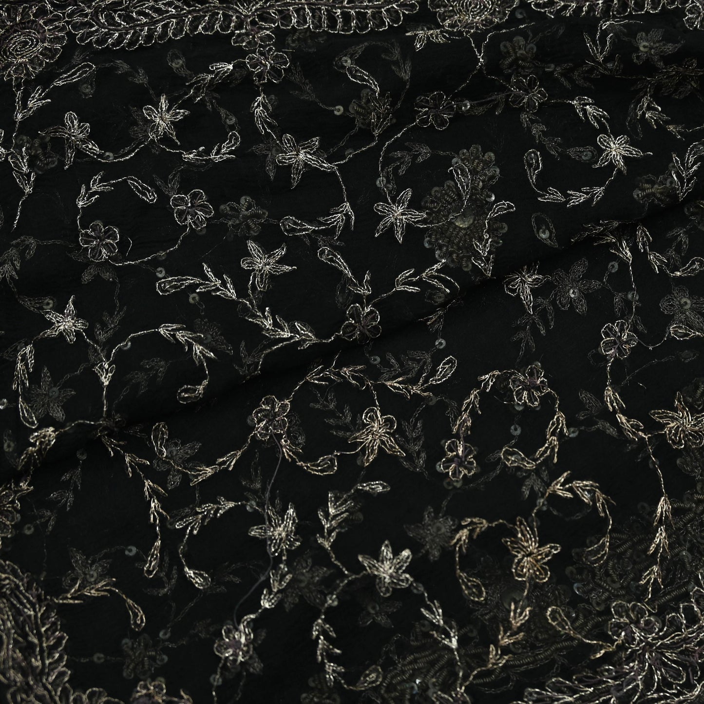 Indian Vintage Black Dupatta Pure Chiffon silk Long Stole Hand Embroidered Scarves Floral Design Stole Veil Wrap Zari Zardozi