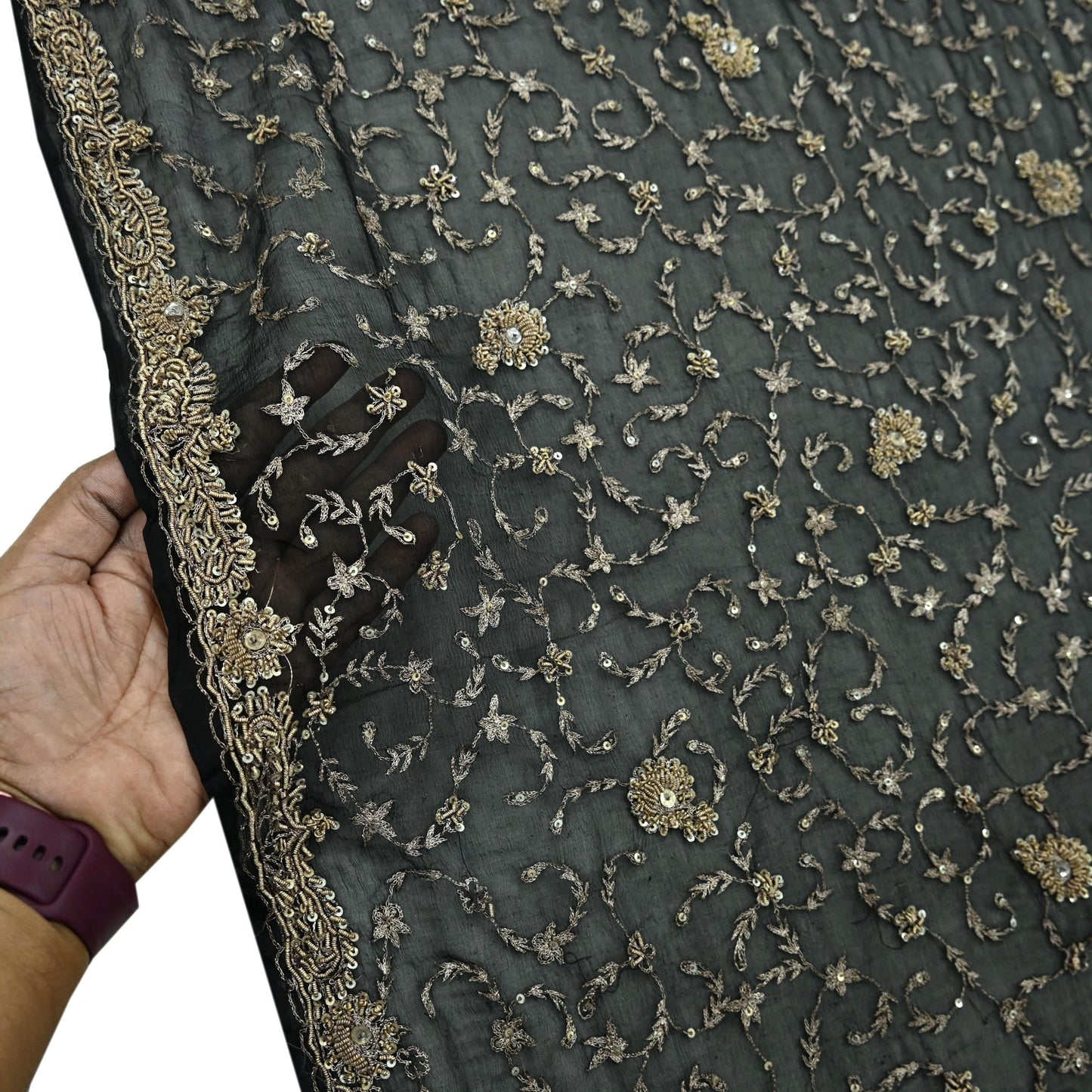 Indian Vintage Black Dupatta Pure Chiffon silk Long Stole Hand Embroidered Scarves Floral Design Stole Veil Wrap Zari Zardozi