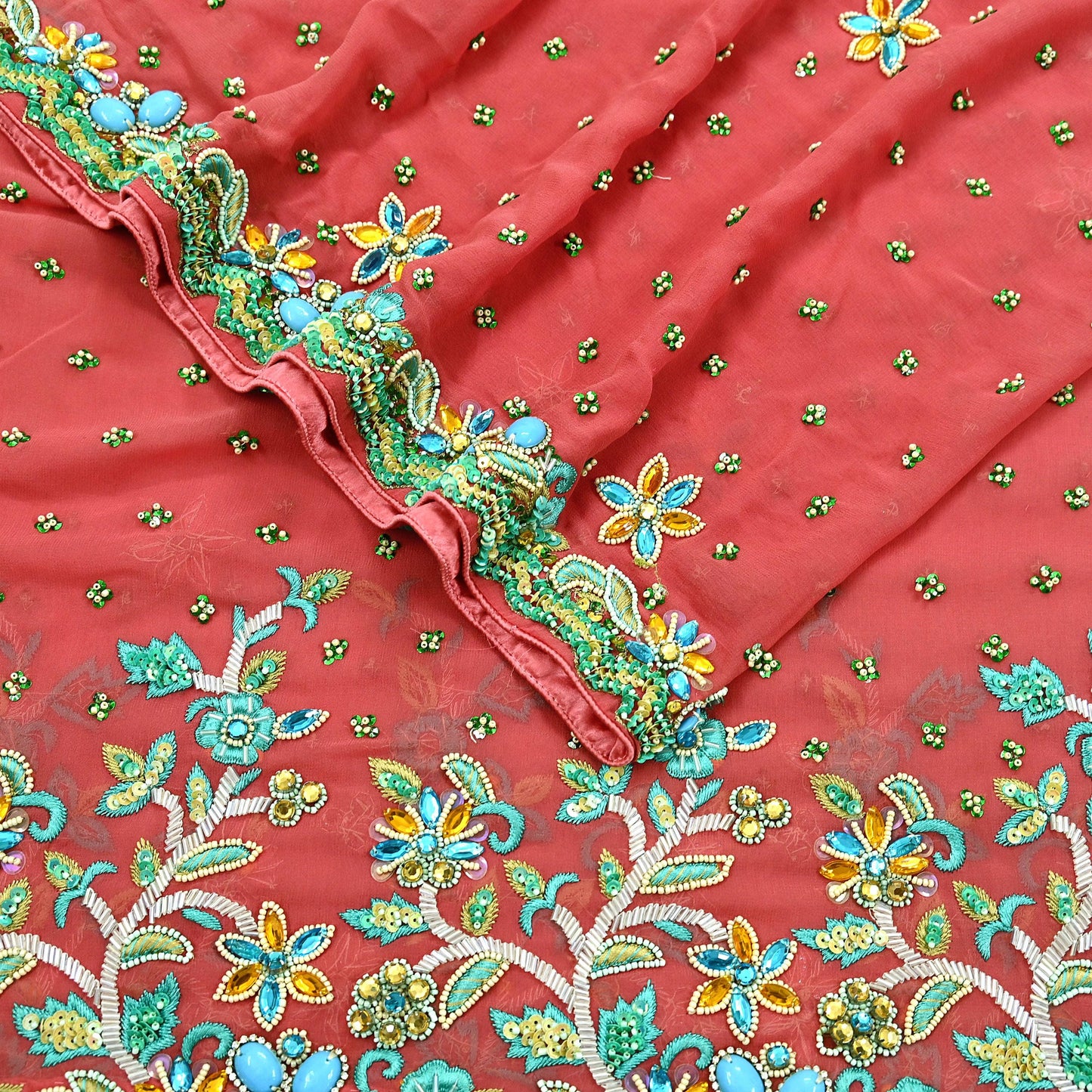 Indian Vintage Heavy Bridal Peach Dupatta Pure Georgette Silk Long Stole Hand Embroidered Scarf Zardozi/Dabka Wedding red Hijab veil Boho