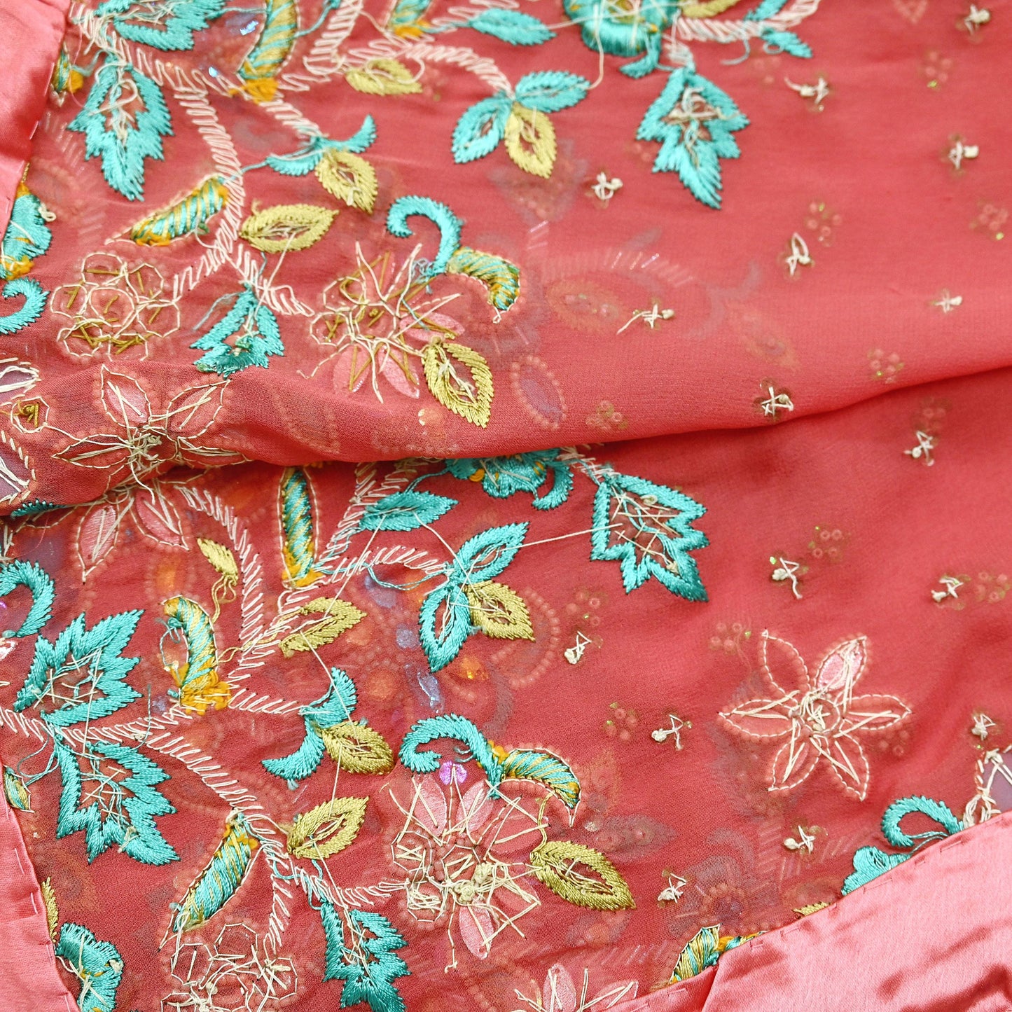 Indian Vintage Heavy Bridal Peach Dupatta Pure Georgette Silk Long Stole Hand Embroidered Scarf Zardozi/Dabka Wedding red Hijab veil Boho