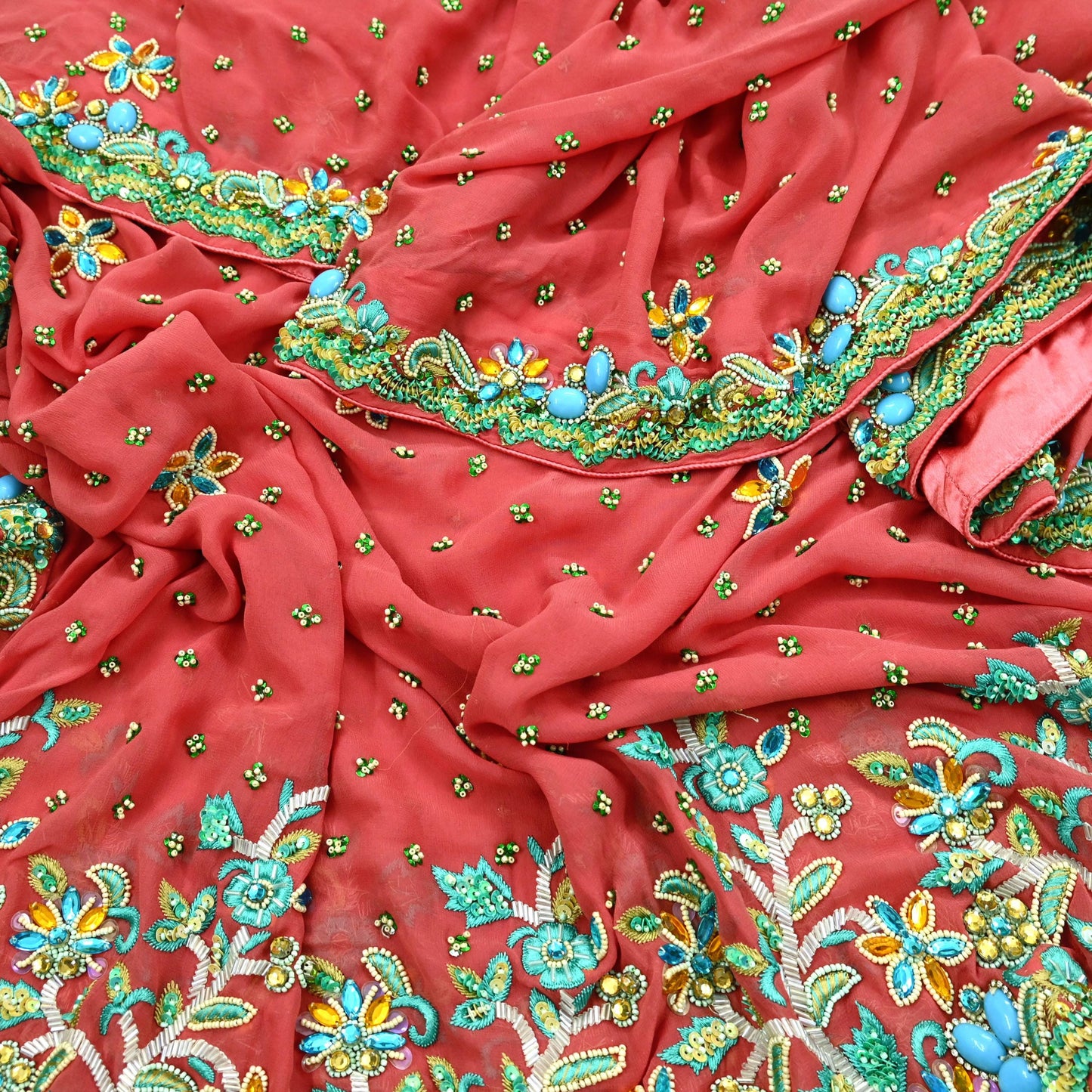 Indian Vintage Heavy Bridal Peach Dupatta Pure Georgette Silk Long Stole Hand Embroidered Scarf Zardozi/Dabka Wedding red Hijab veil Boho