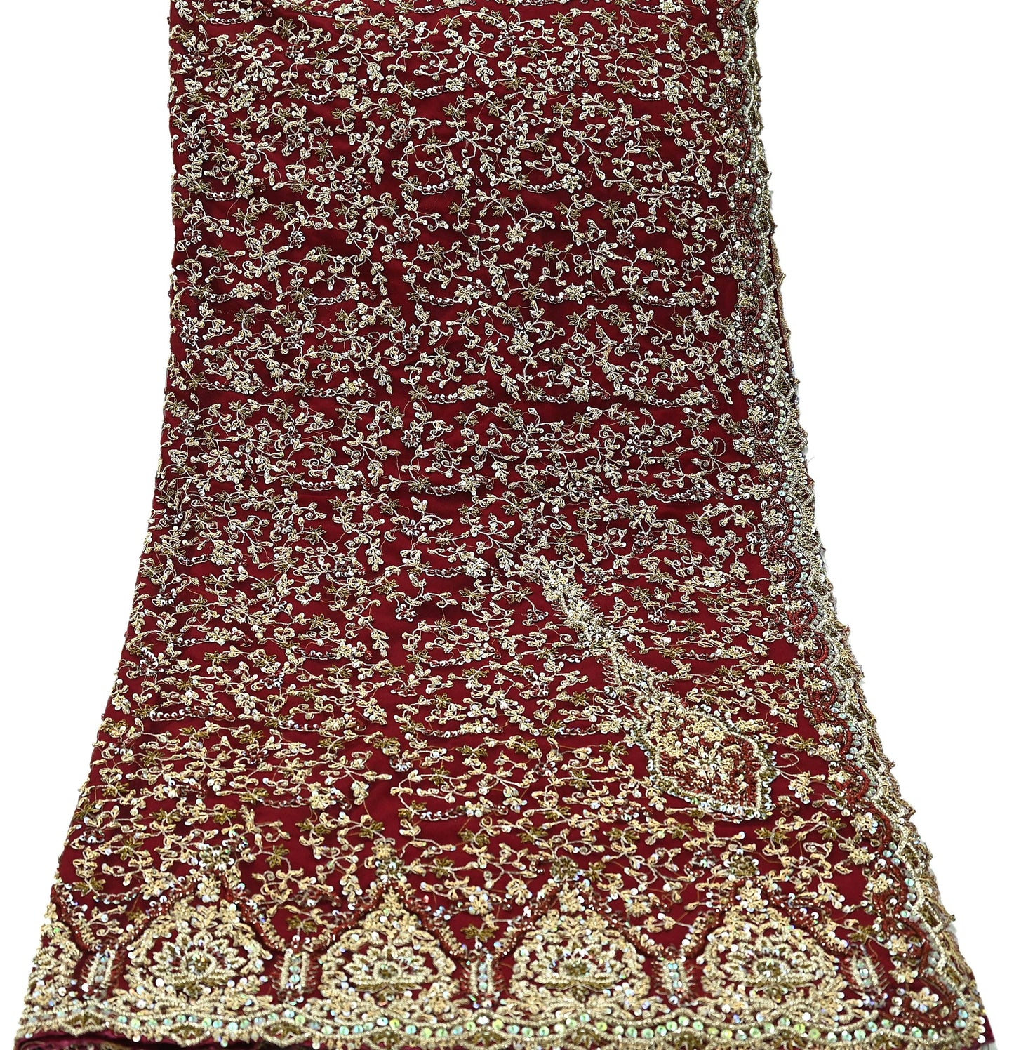 Indian Vintage Heavy Wedding Maroon Dupatta Net Mesh Long Stole Hand Embroidered Scarves Golden Zardozi Zari Sequins Dridal Veil Hijab