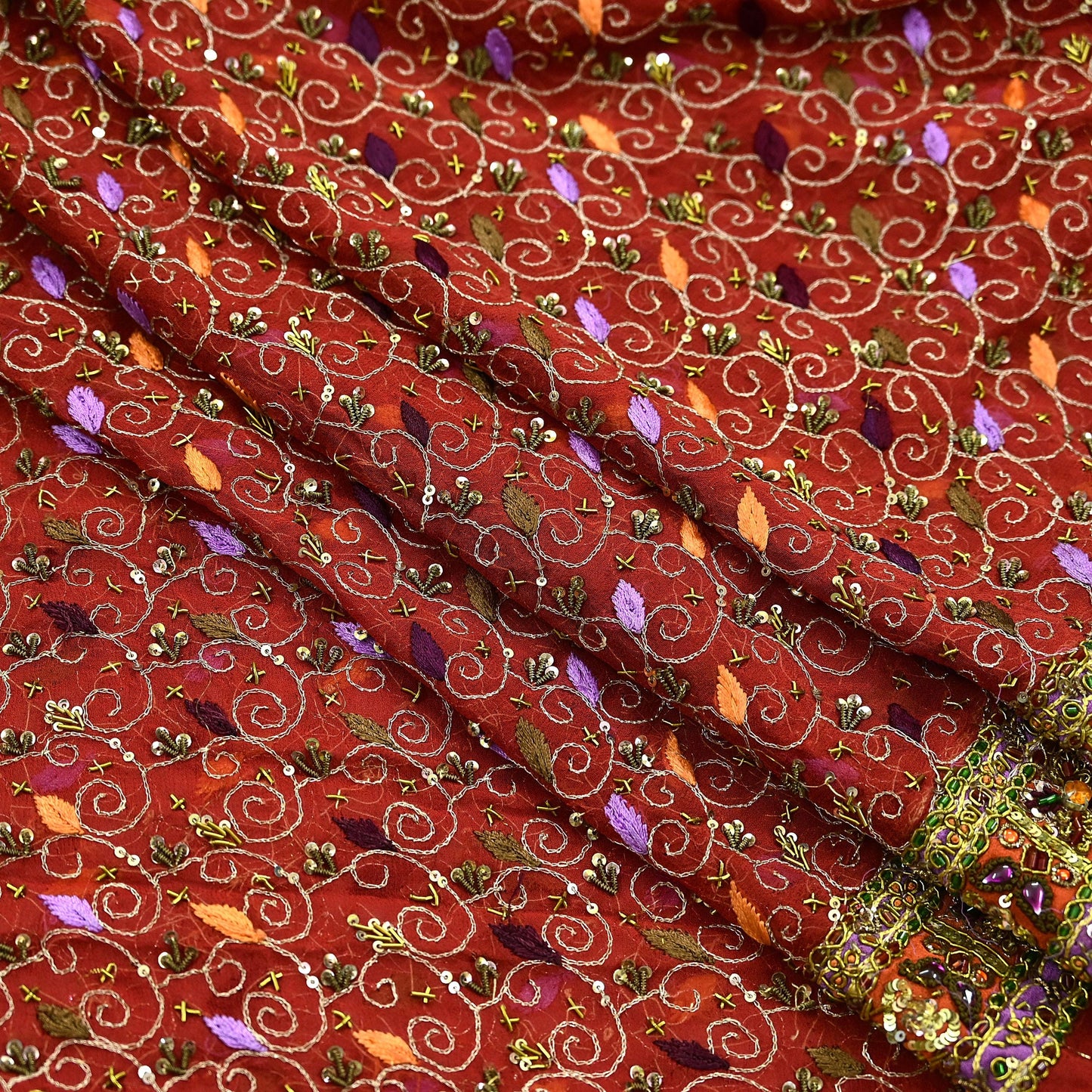 Indian Vintage Heavy Bridal Orange Dupatta Pure Georgette Silk Long Stole Hand Embroidered Scarf Zardozi/Dabka Wedding red Hijab veil Boho