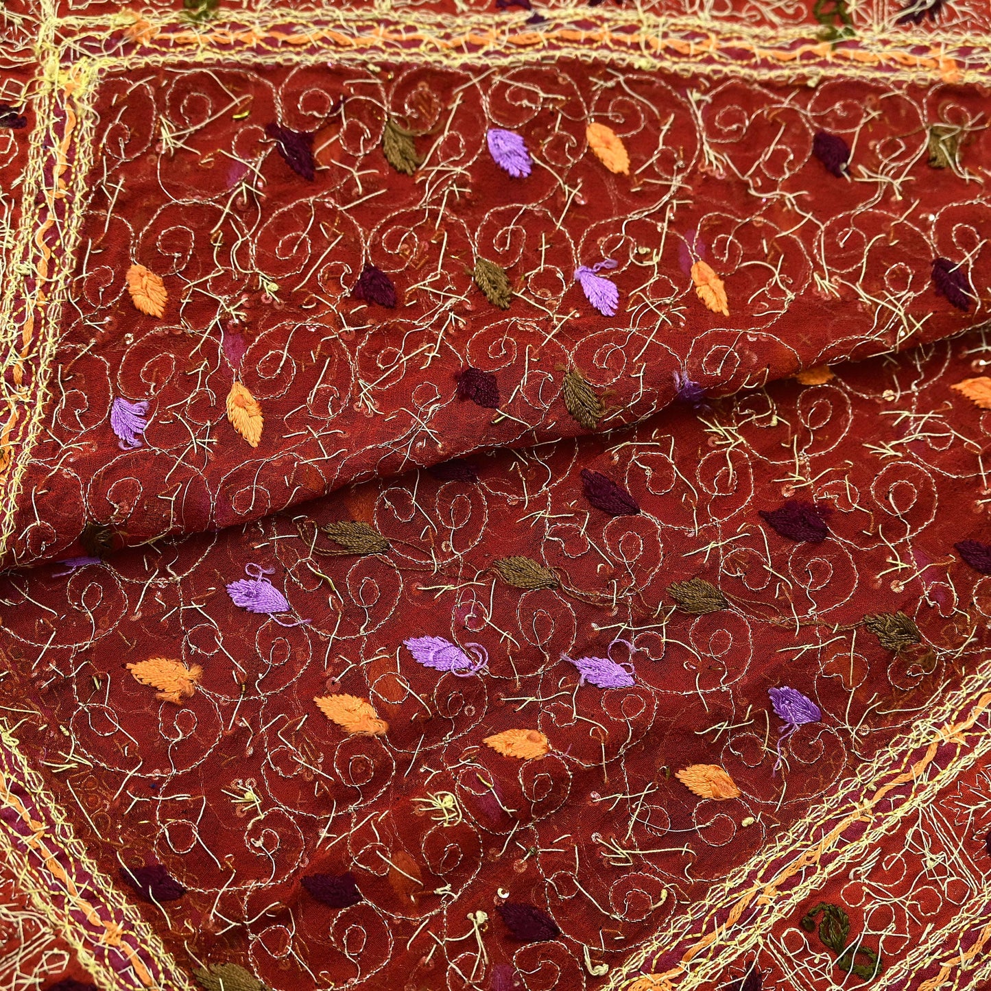 Indian Vintage Heavy Bridal Orange Dupatta Pure Georgette Silk Long Stole Hand Embroidered Scarf Zardozi/Dabka Wedding red Hijab veil Boho