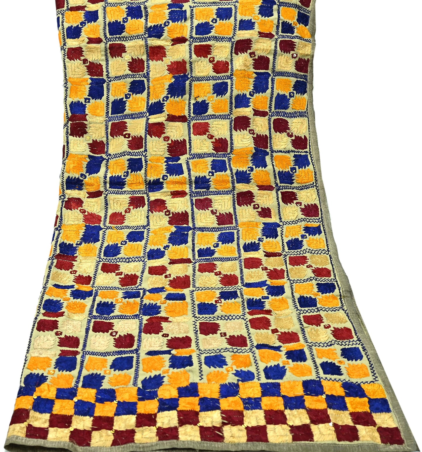 Indian Vintage Beige Heavy Wedding Dupatta Long Stole Crepe Silk Hand Embroidered Bagh Phulkari Stole Scarves