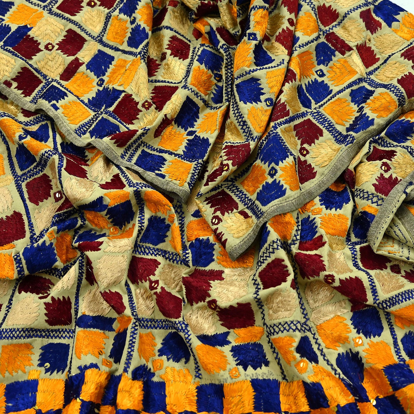Indian Vintage Beige Heavy Wedding Dupatta Long Stole Crepe Silk Hand Embroidered Bagh Phulkari Stole Scarves