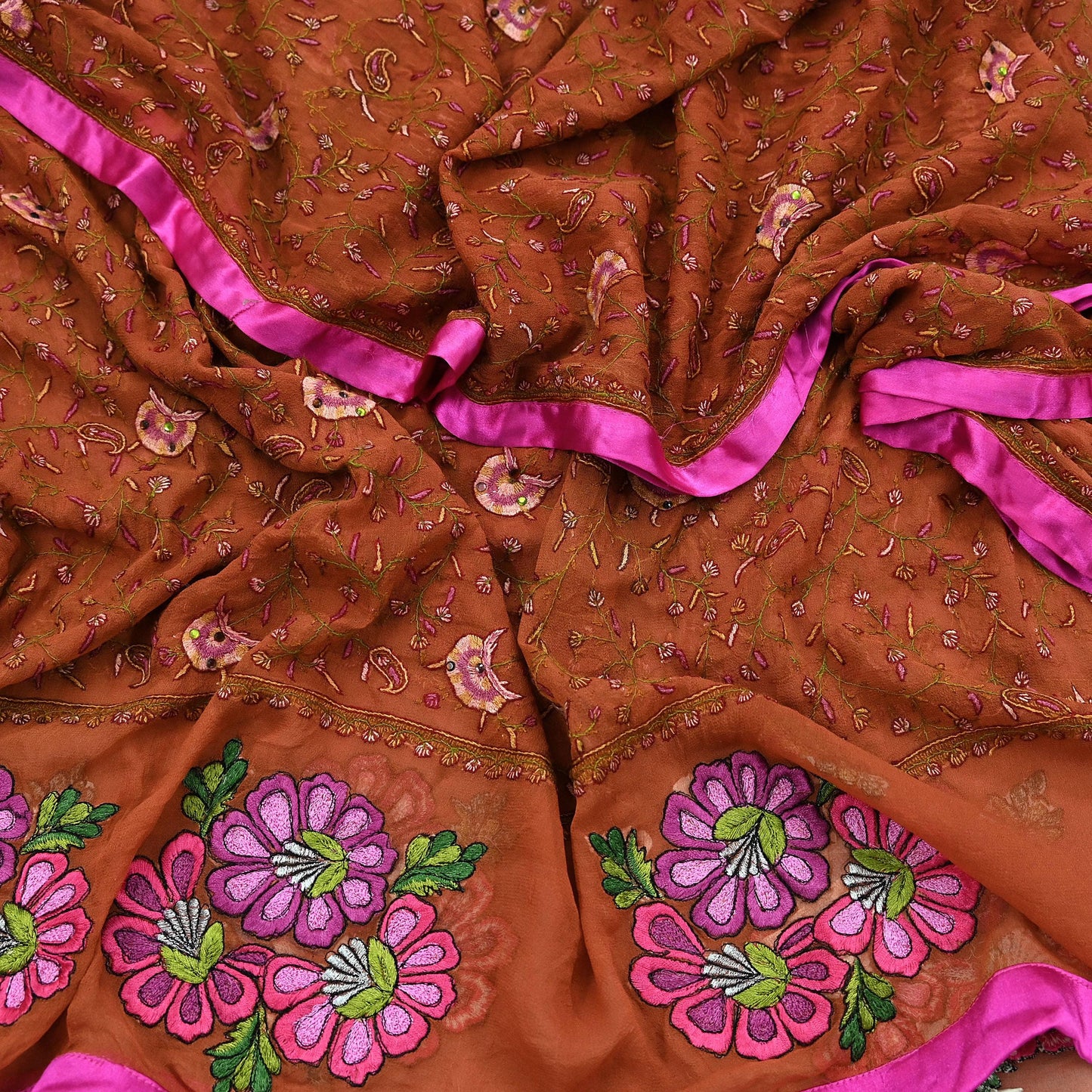 Indian Vintage Dupatta Rusty Long Stole Hand Embroidered Suzani stole Pure Georgette Silk Scarves Veil Wrap Soft Floral